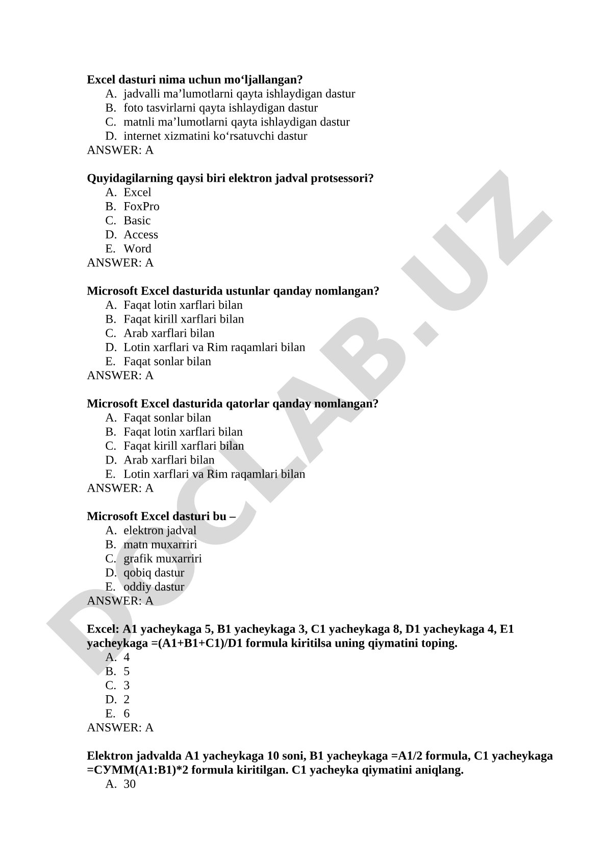Microsoft Excel dasturi test savollari