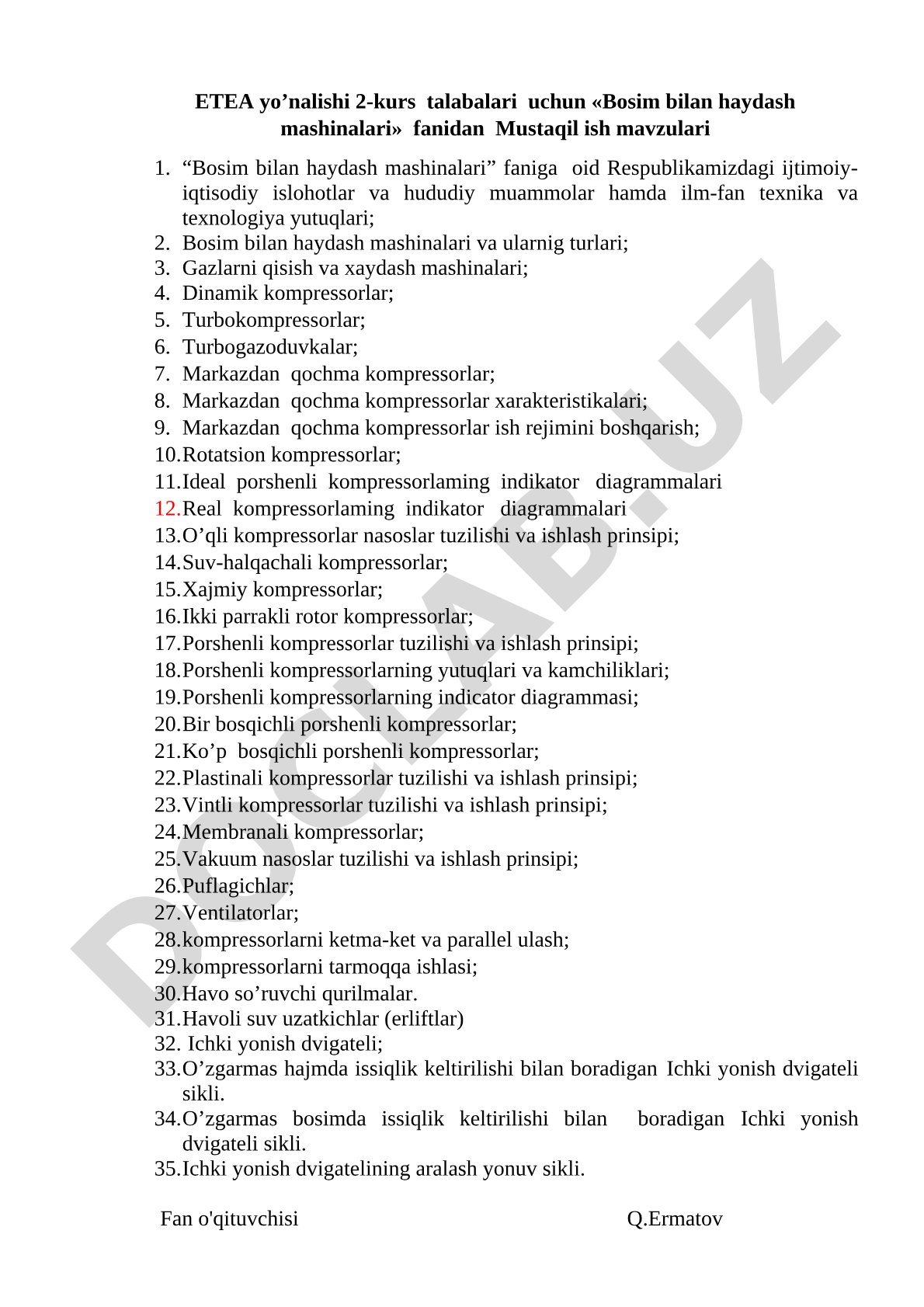 Bosim bilan haydash mashinalari fanidan mustaqil ish mavzulari