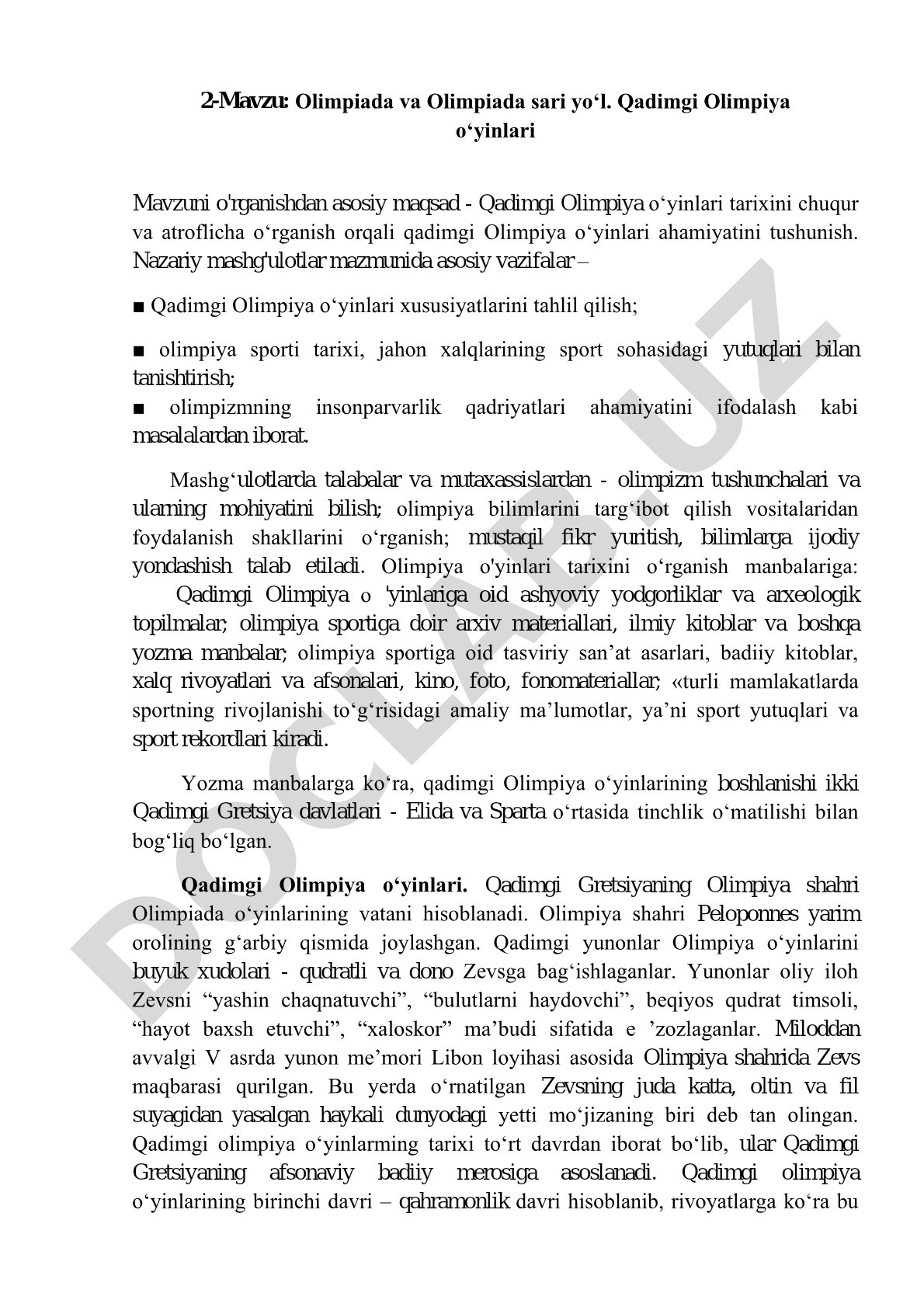 Olimpiada va Olimpiada sari yo‘l. Qadimgi Olimpiya o‘yinlari