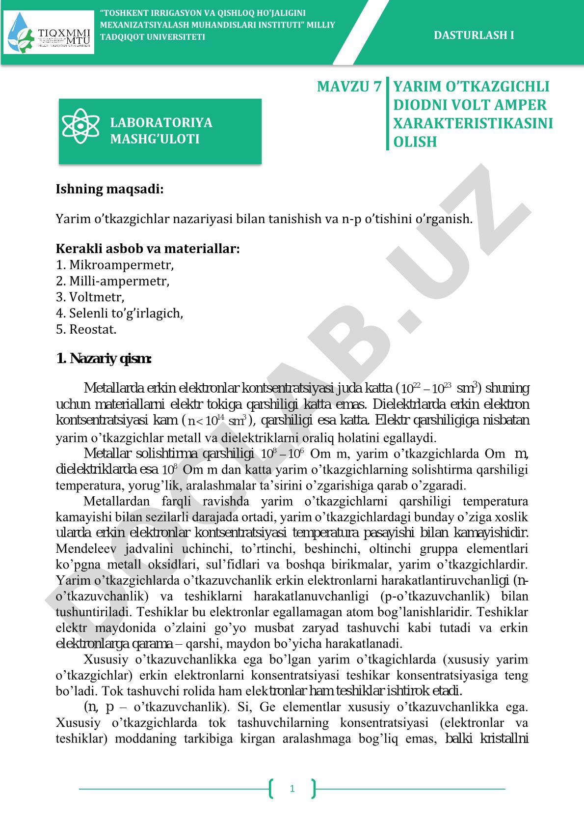 YARIM O’TKAZGICHLI DIODNI VOLT AMPER XARAKTERISTIKASINI OLISH