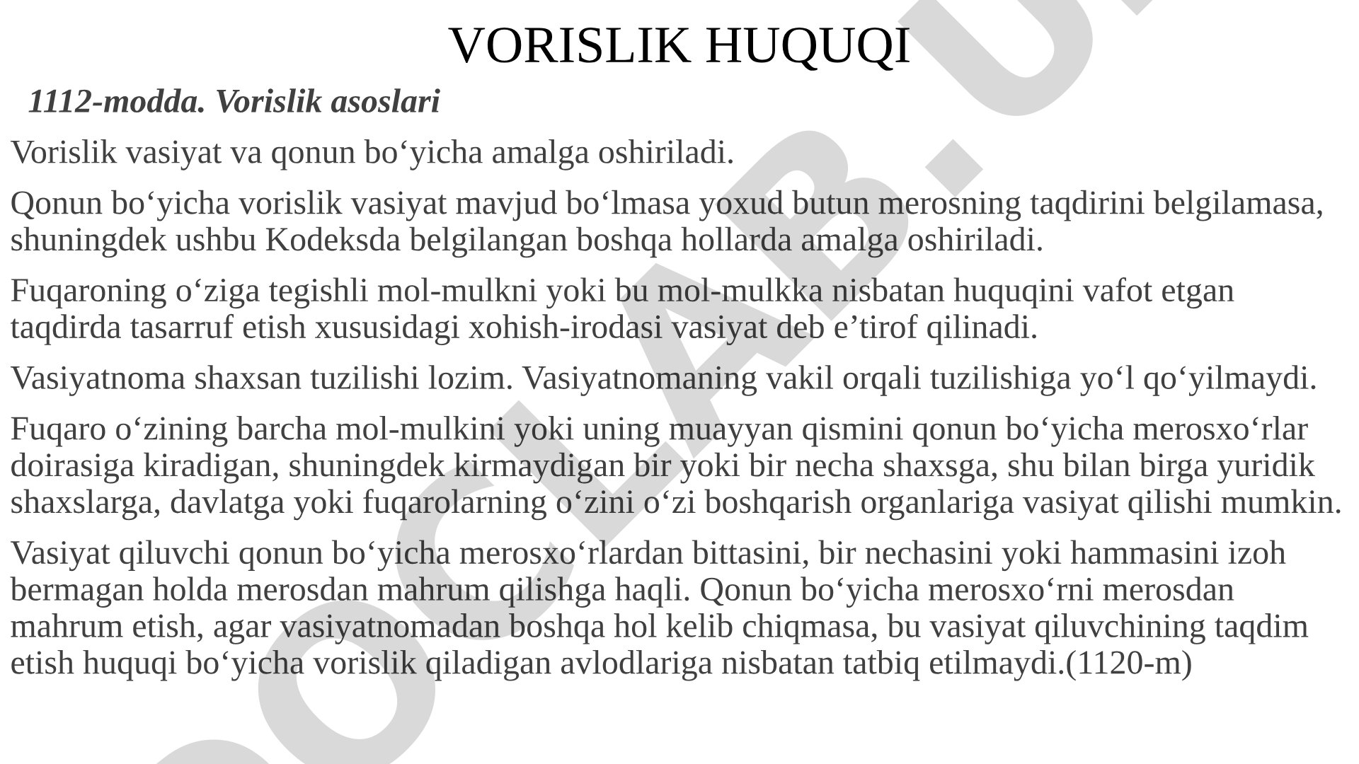 Vorislik huquqi 1112-modda. Vorislik asoslari