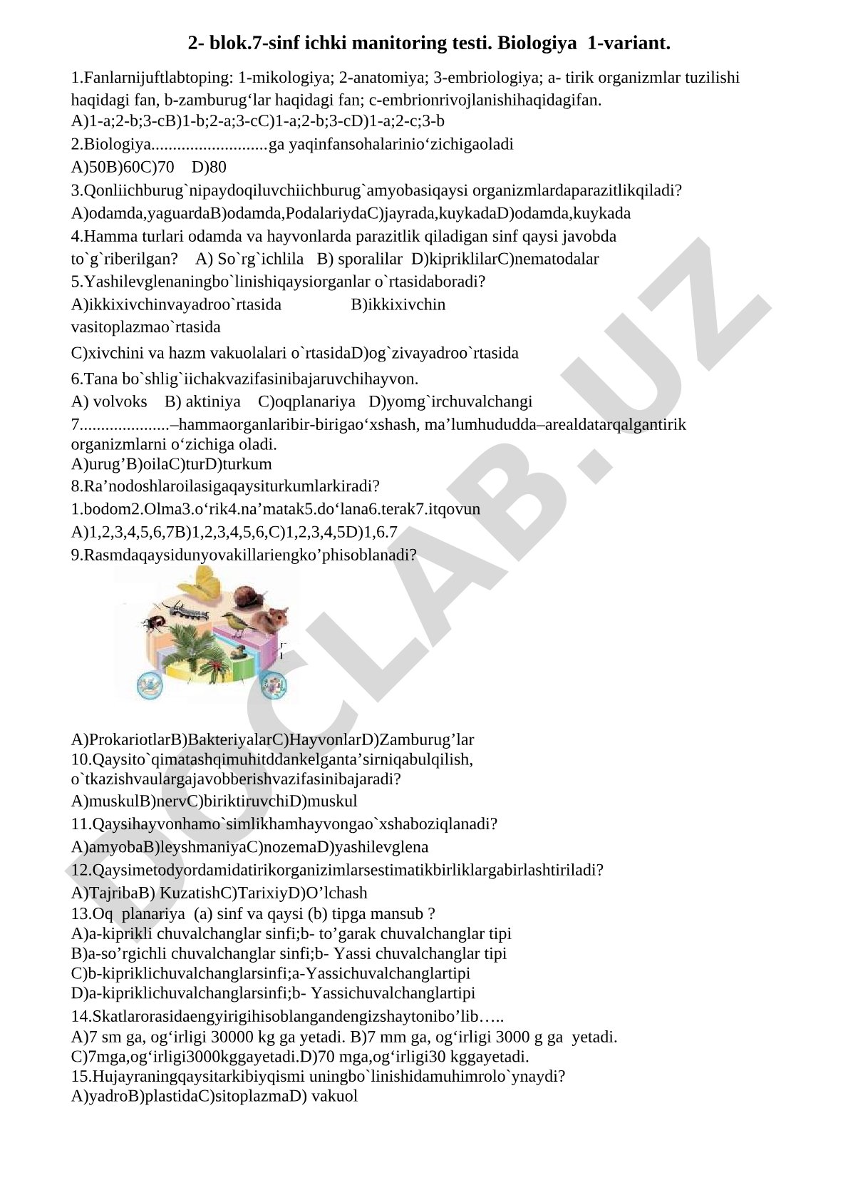 7-sinf biologiya ichki monitoring testi 1-variant