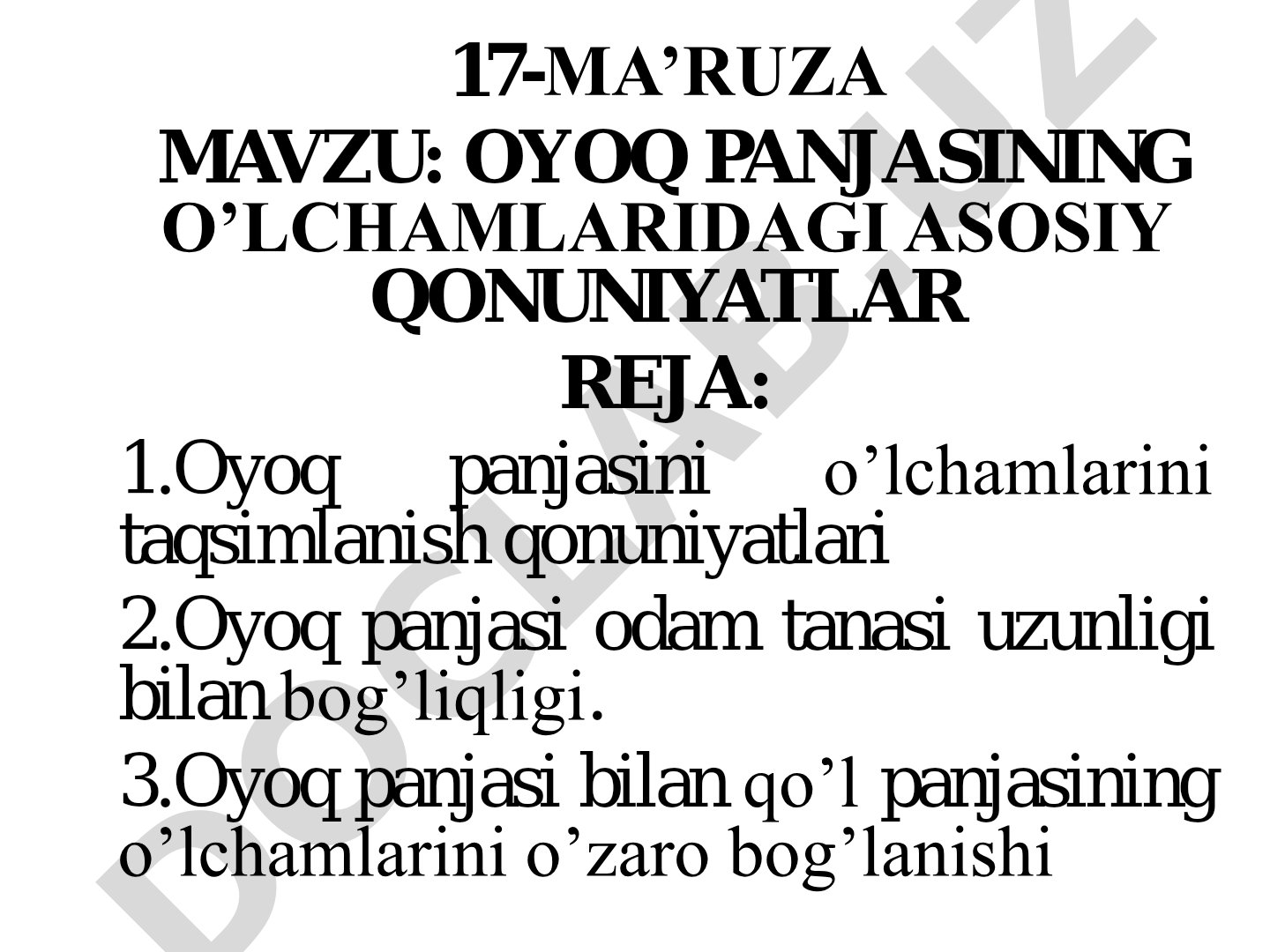 Oyoq panjasining o'lchamlaridagi asosiy qonuniyatlar