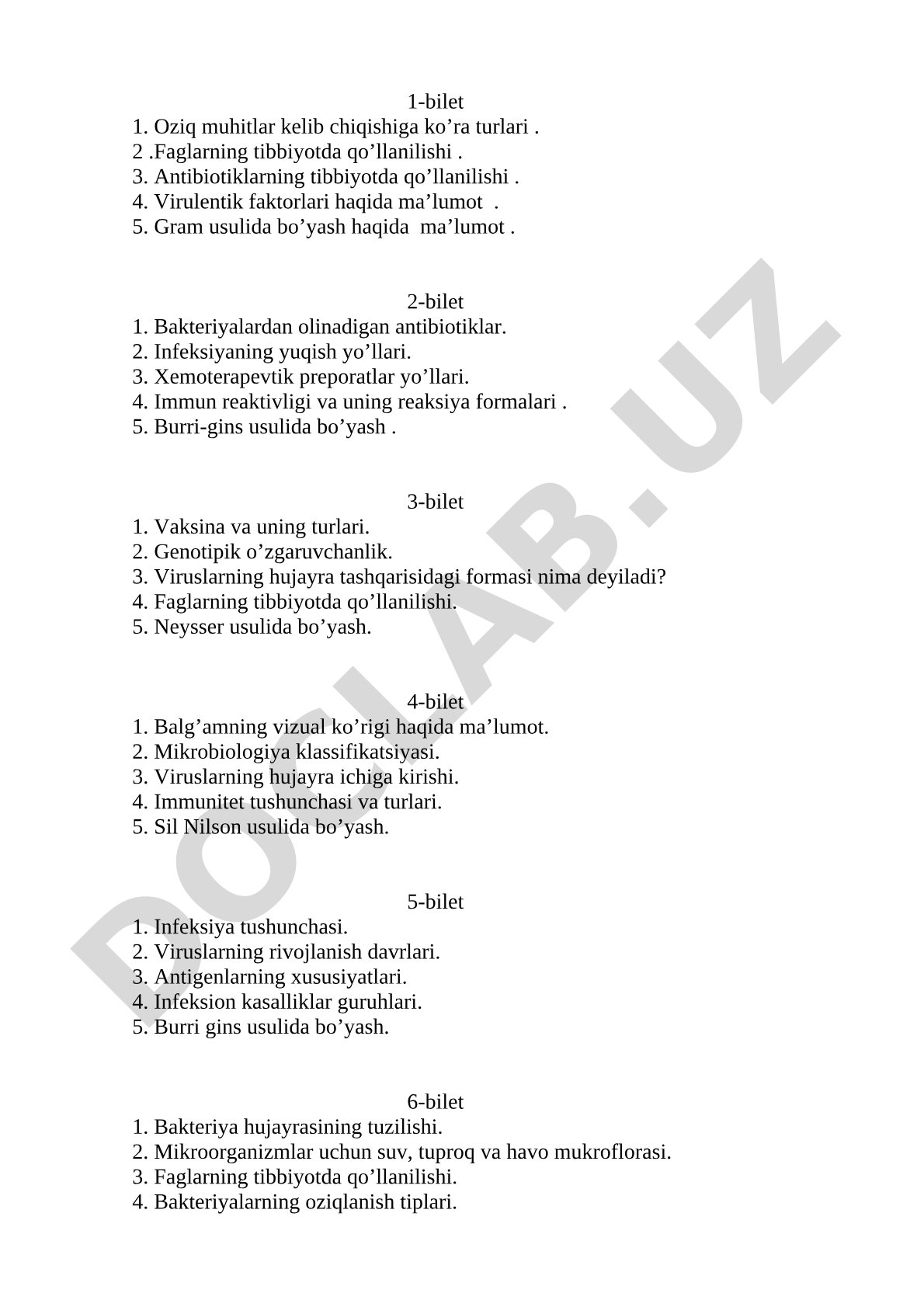 Mikrobiologiya fanidan biletlar savollari