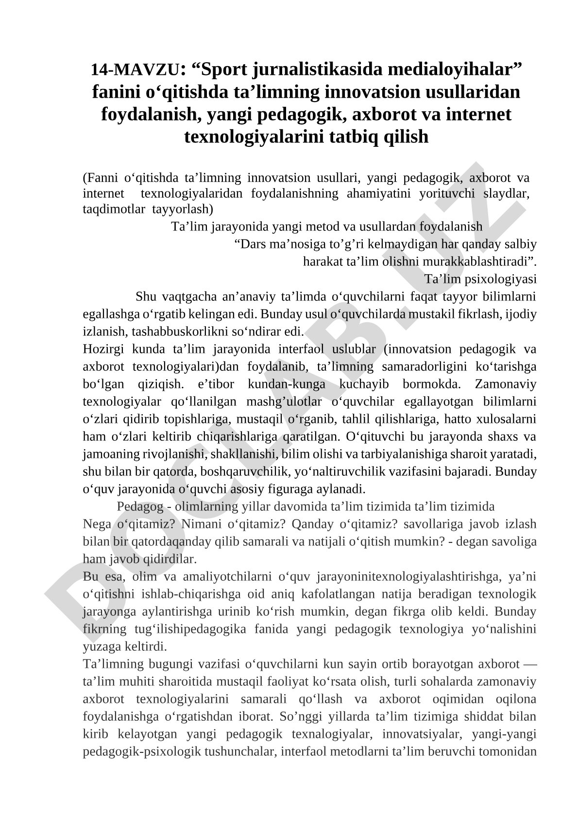 Sport jurnalistikasida medialoyihalar fanini o'qitishda ta'limning innovatsion usullaridan foydalanish
