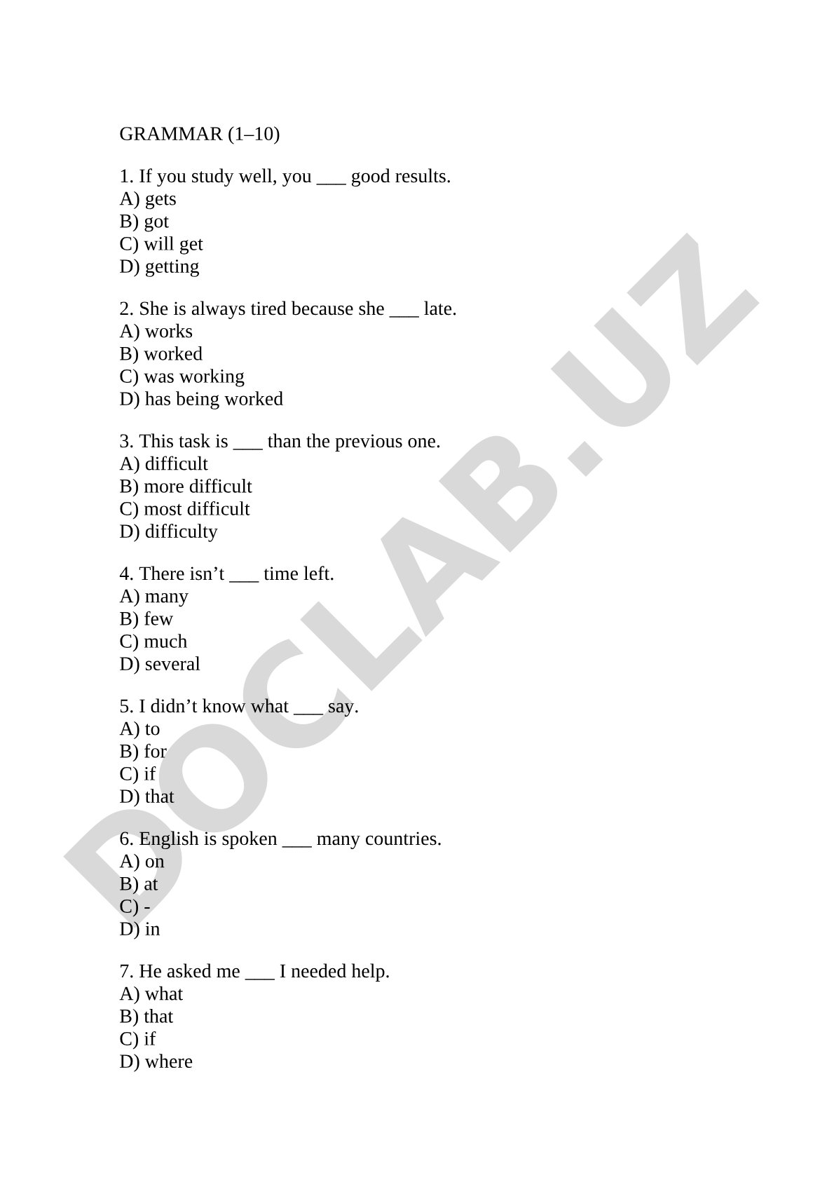 English Grammar Vocabulary and Reading Practice Test