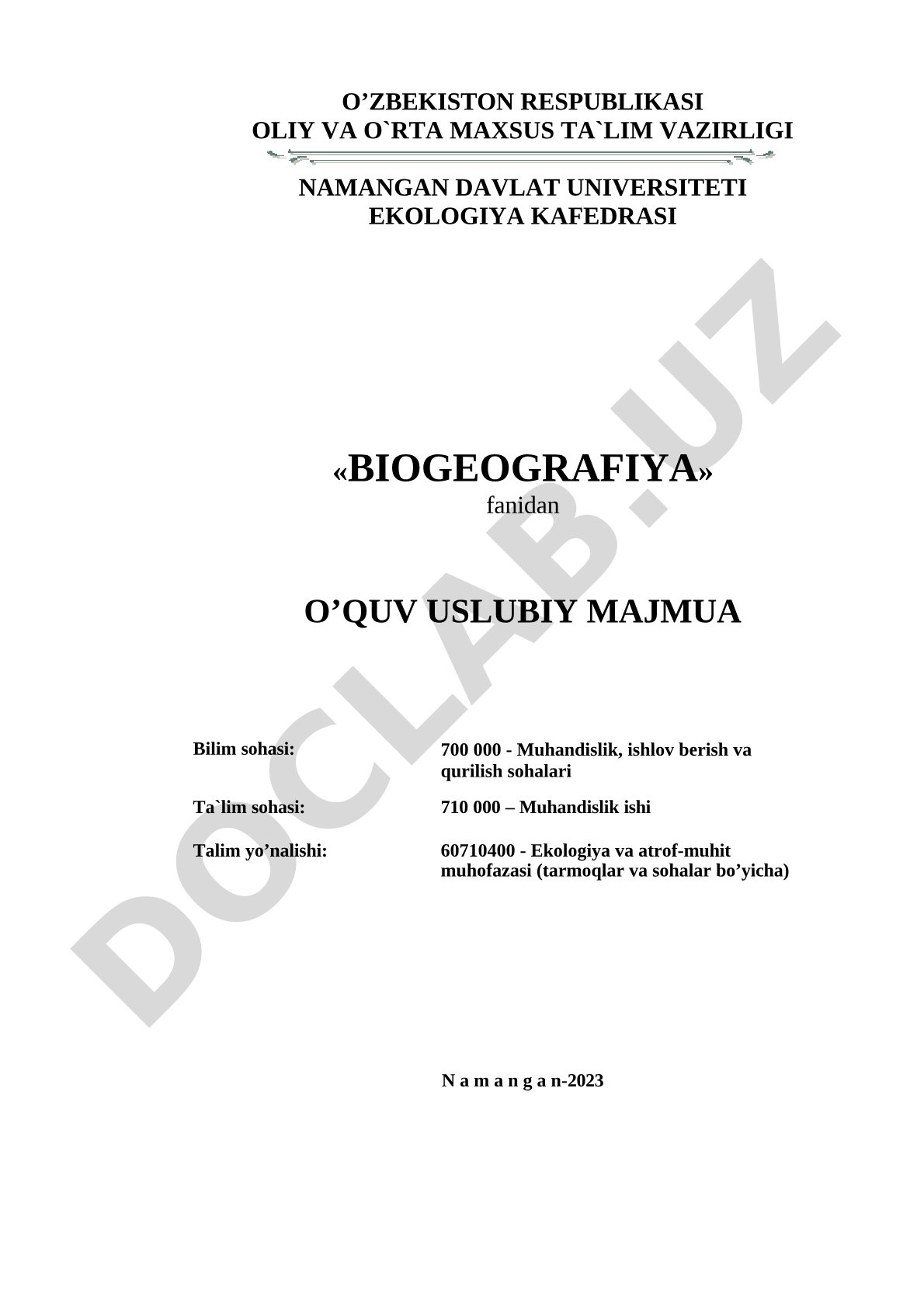 Biogeografiya fani o'quv uslubiy majmuasi
