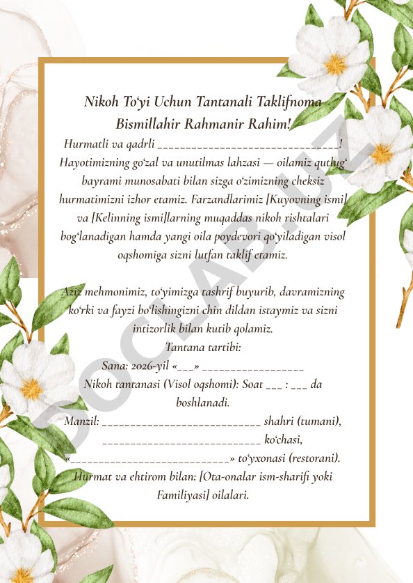 Nikoh to'yi uchun tantanali taklifnoma