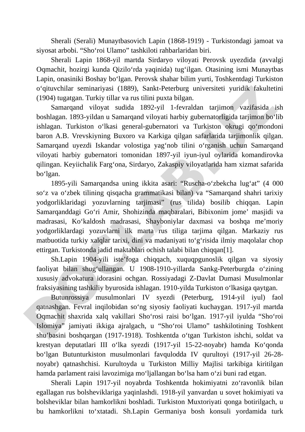Sherali Lapin hayoti va ijtimoiy-siyosiy faoliyati