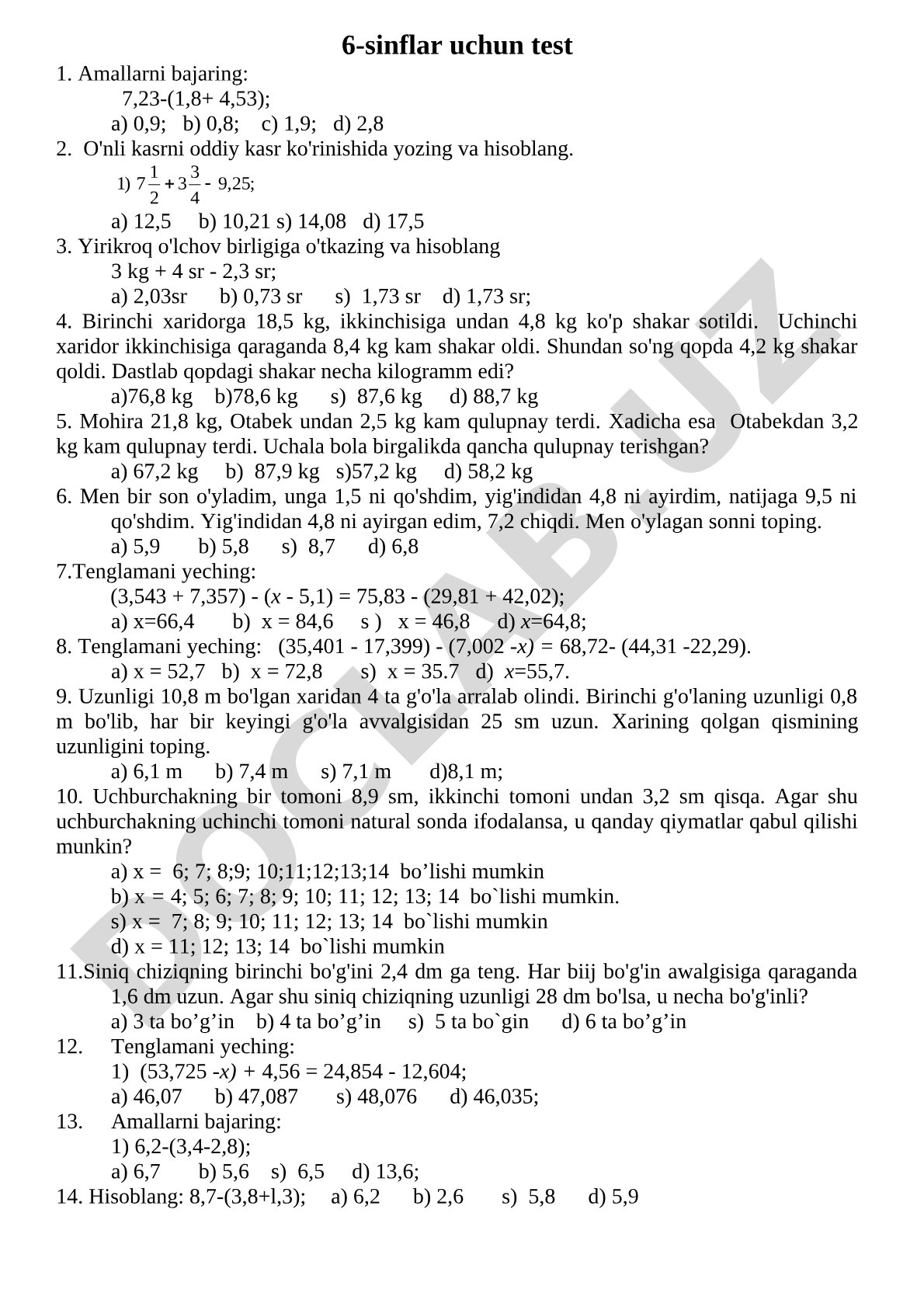 6-sinflar uchun test