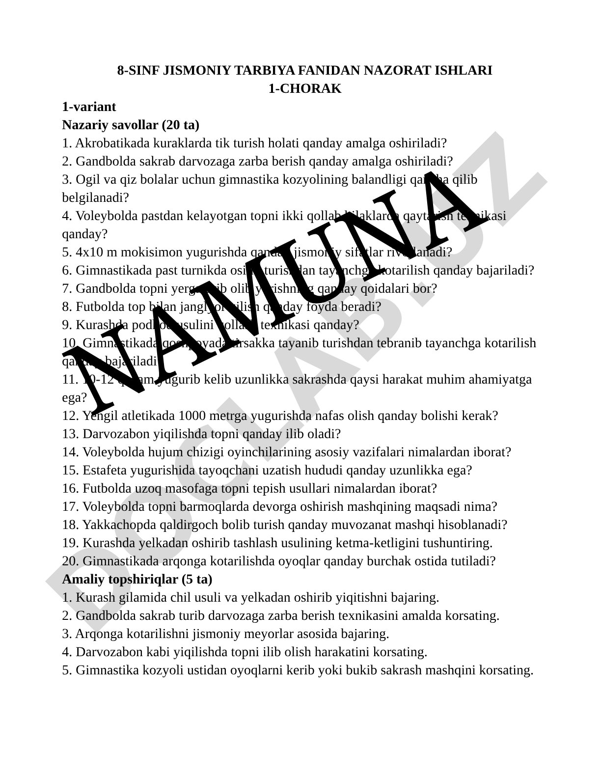 8-sinf jismoniy tarbiya fanidan nazorat ishlari 1-chorak