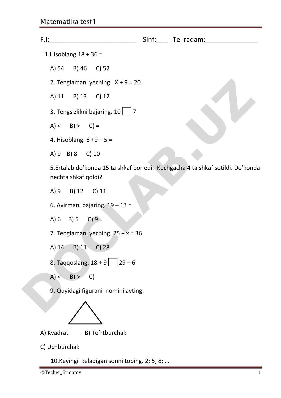 20 savolli matematika testi: arifmetik amallar, tenglama va geometrik shakllar