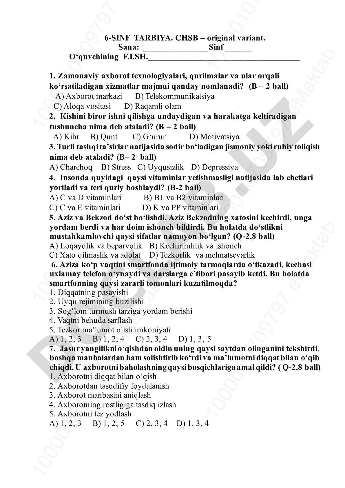 6-sinf Tarbiya CHSB test savollari