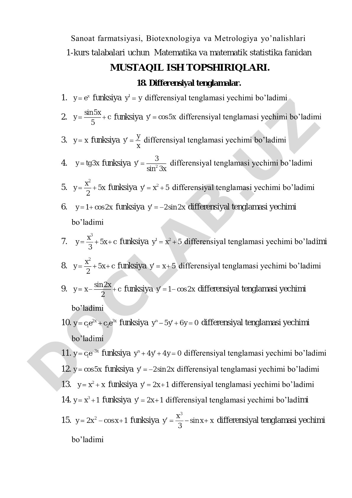 Differensiyal tenglamalarga oid mustaqil ish topshiriqlari