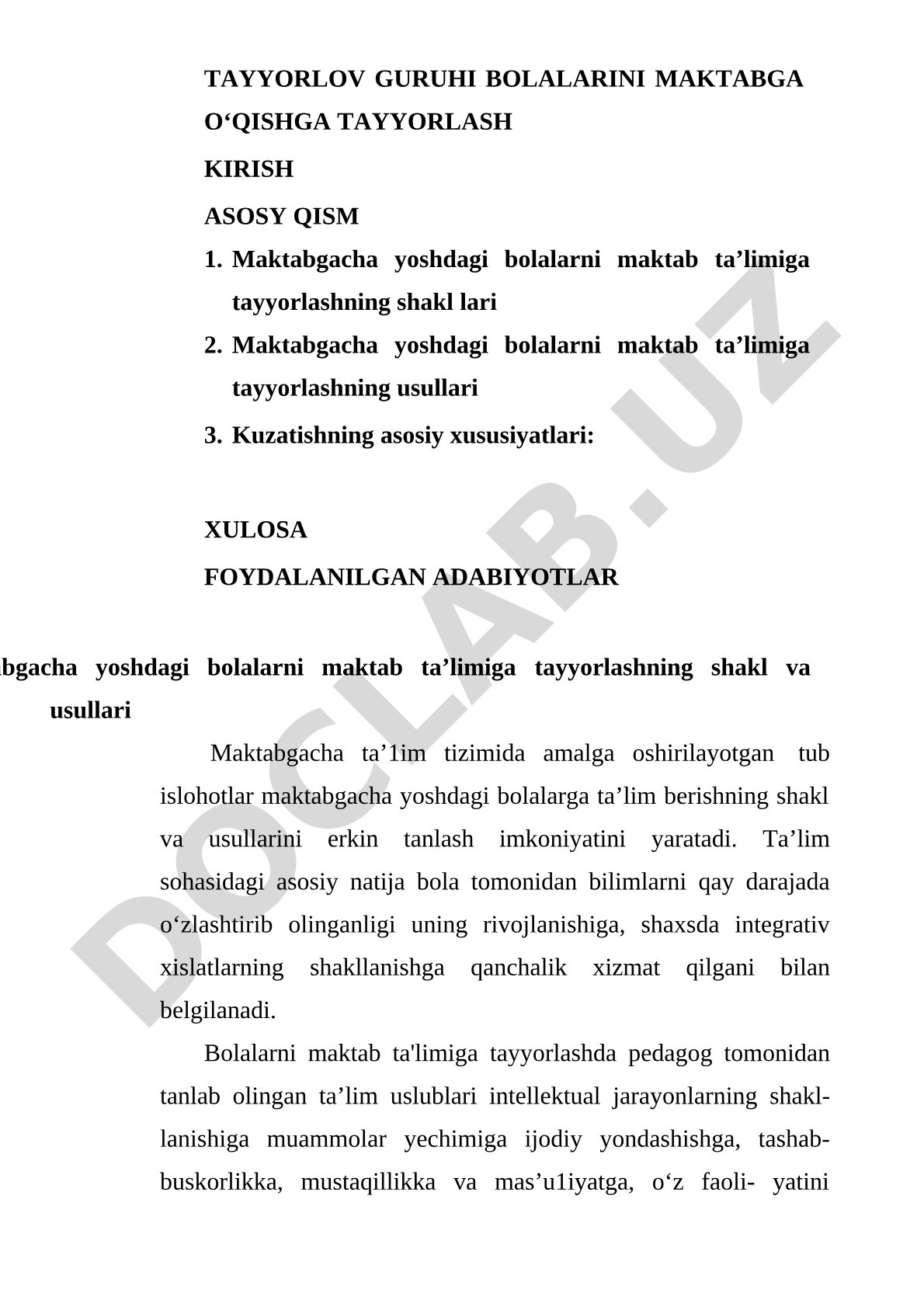 Tayyorlov guruhi bolalarini maktabga o‘qishga tayyorlash