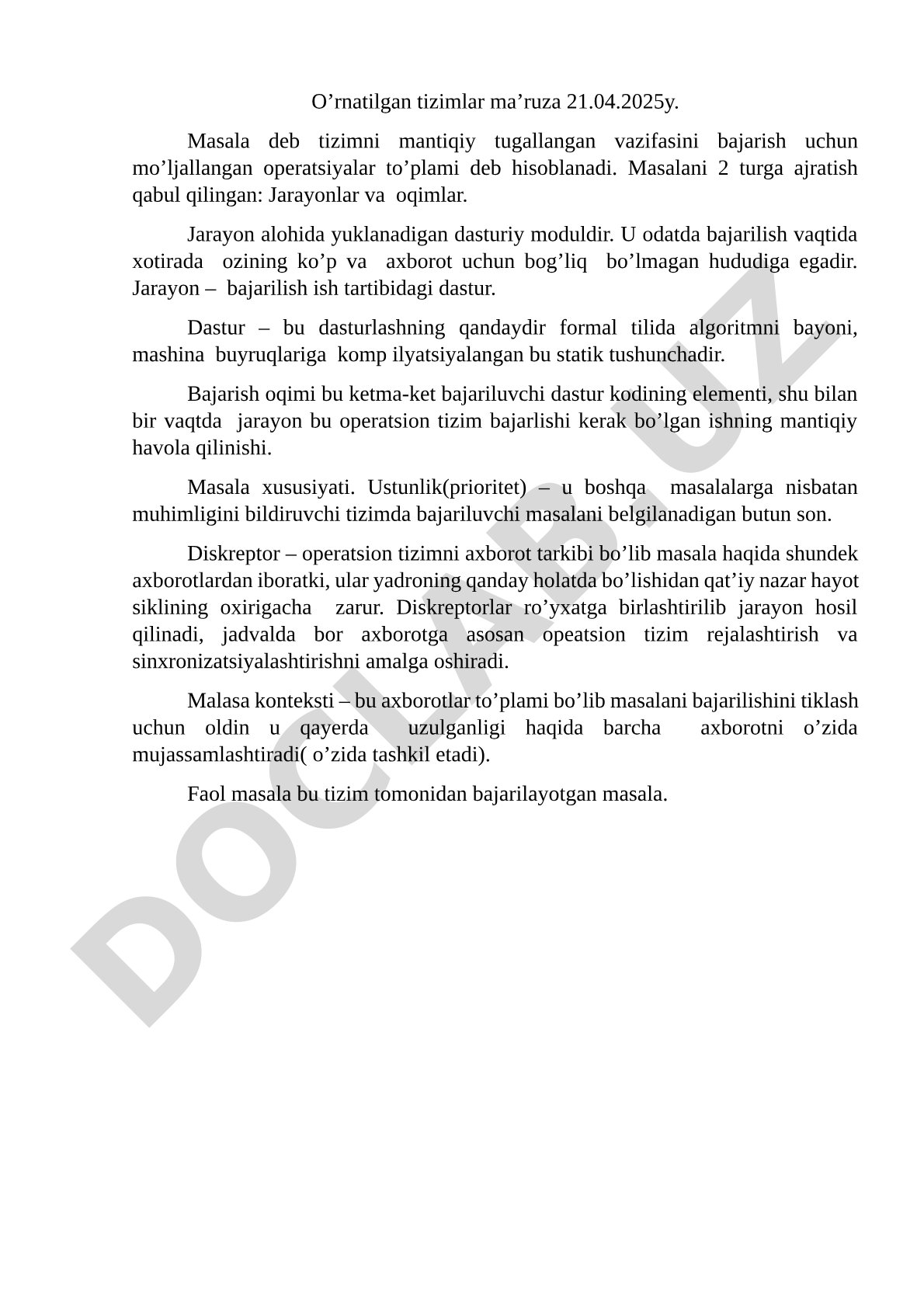 O'rnatilgan tizimlarda masala va jarayonlar tushunchasi