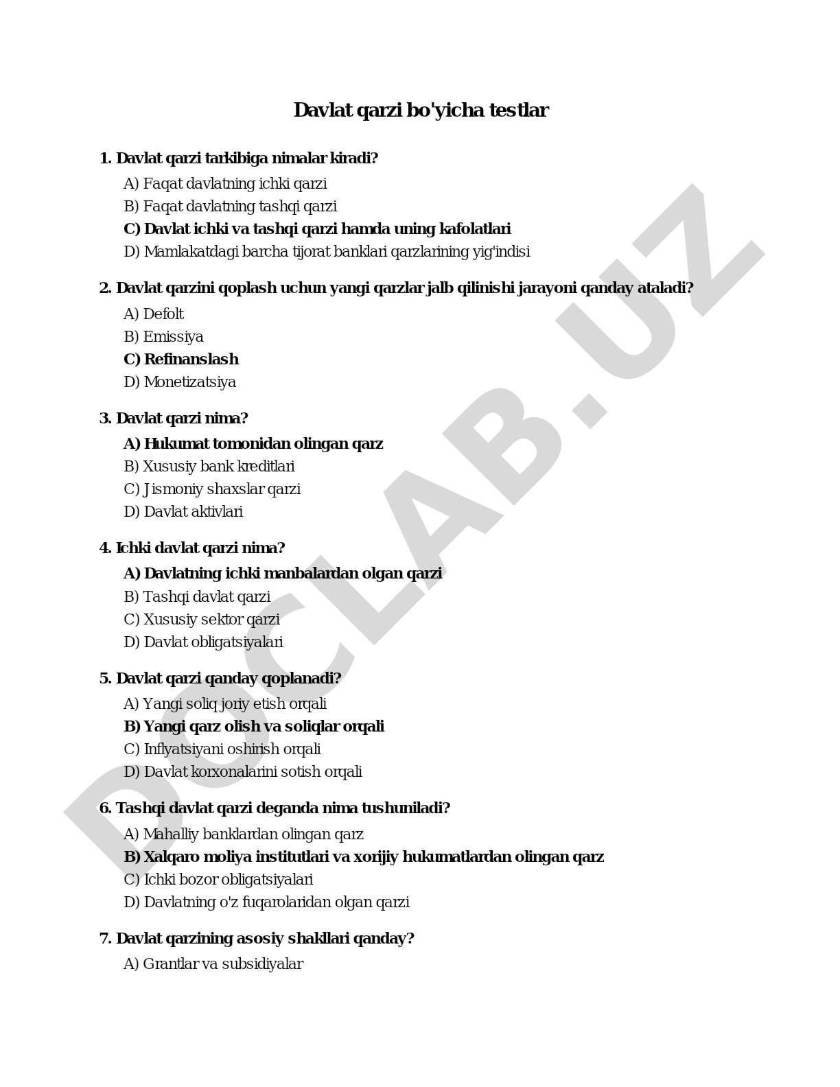Davlat qarzi bo'yicha testlar