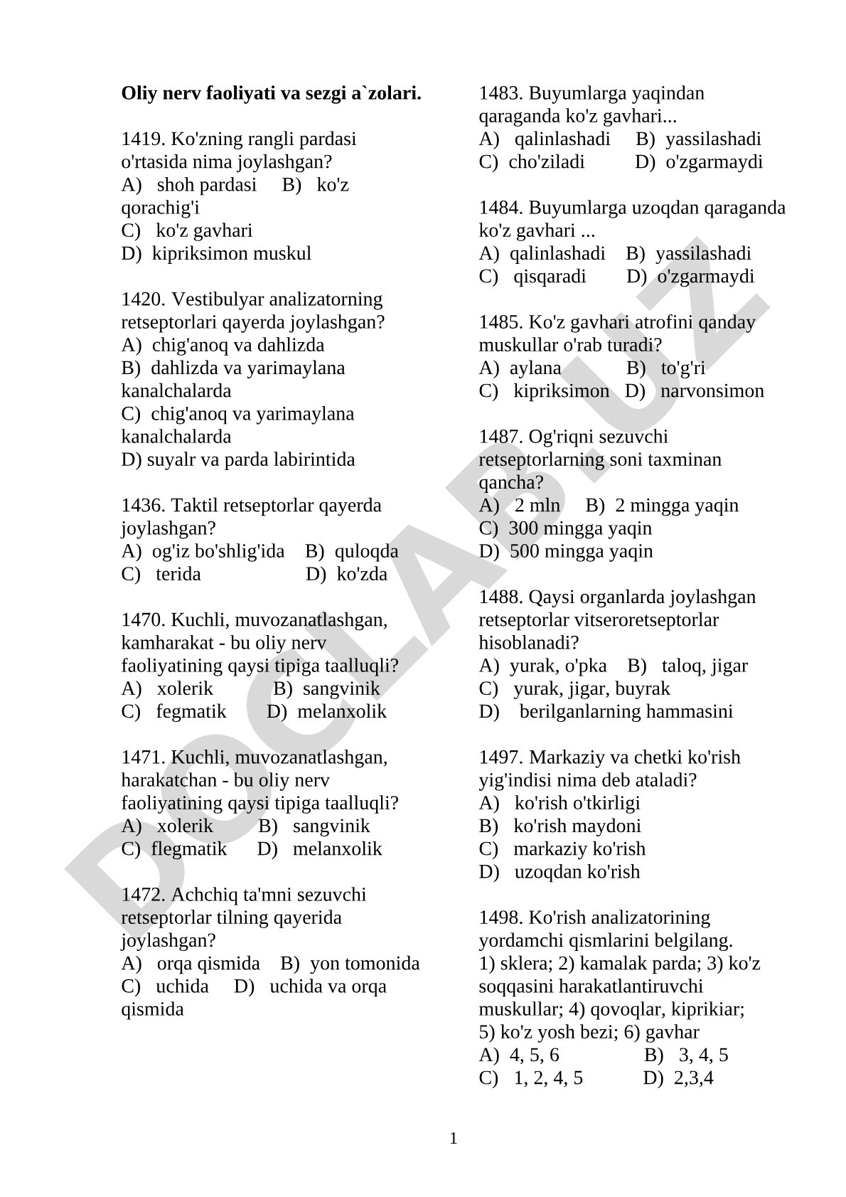 Oliy nerv faoliyati va sezgi a'zolari
