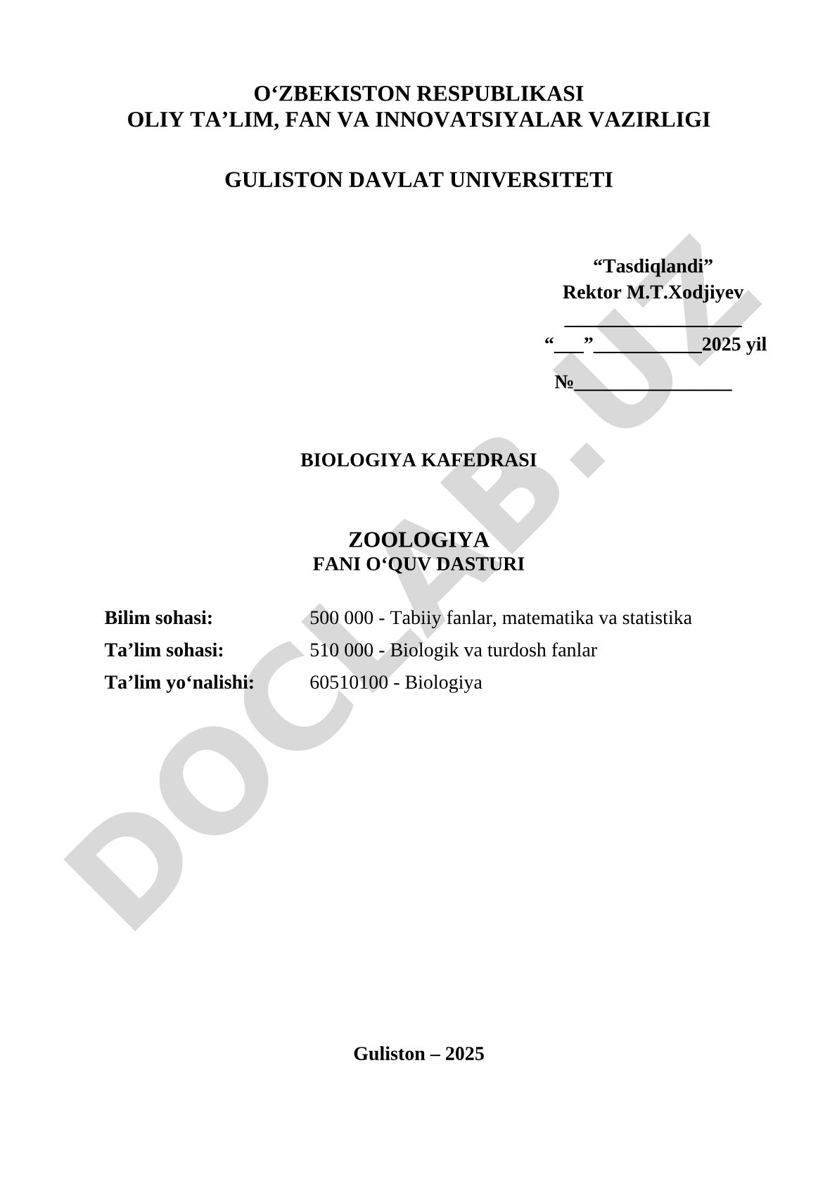 Zoologiya fani oʻquv dasturi