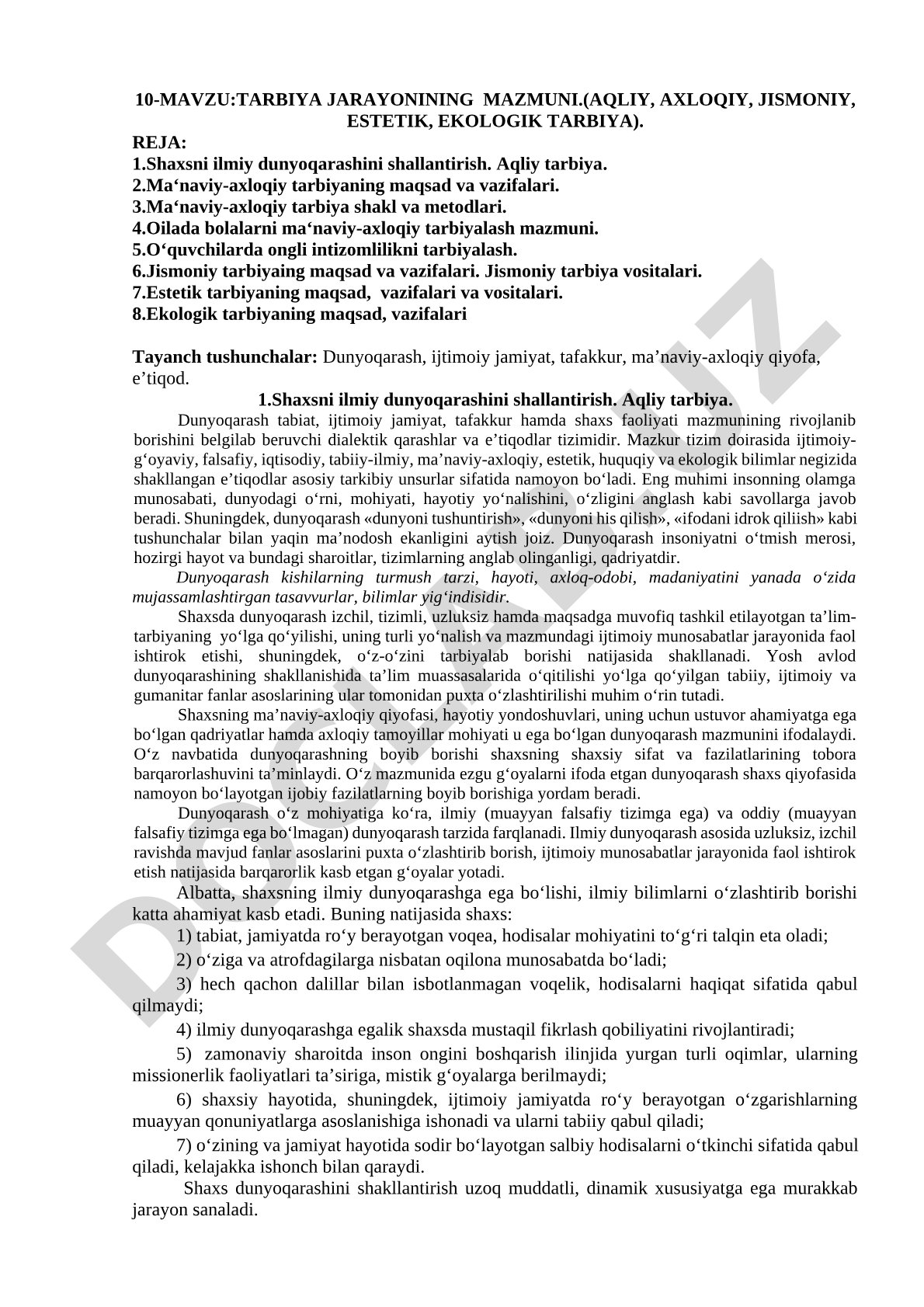 Tarbiya jarayonining mazmuni (aqliy, axloqiy, jismoniy, estetik, ekologik tarbiya)