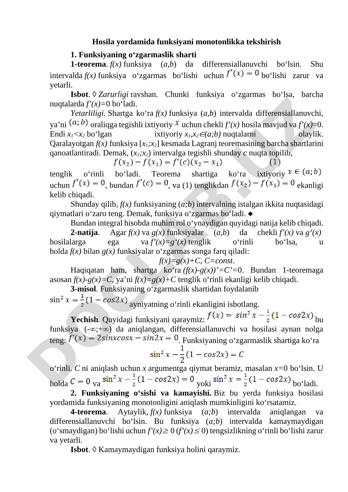 Hosila yordamida funksiyani monotonlikka tekshirish