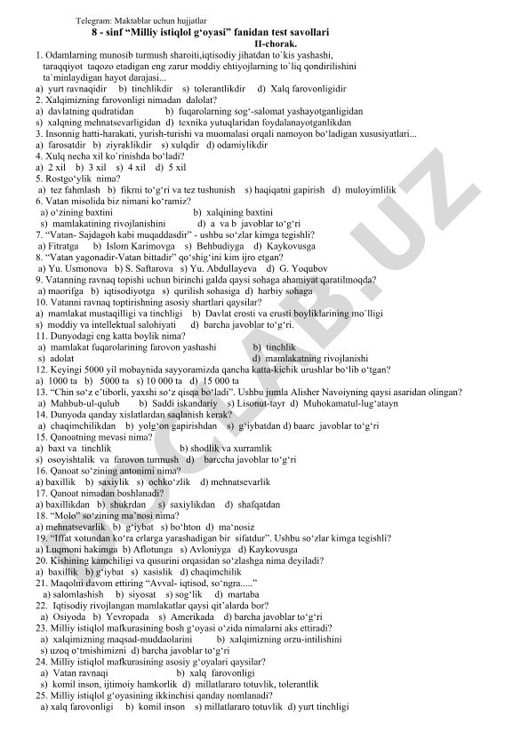 Milliy istiqlol g‘oyasi fanidan test savollari II-chorak