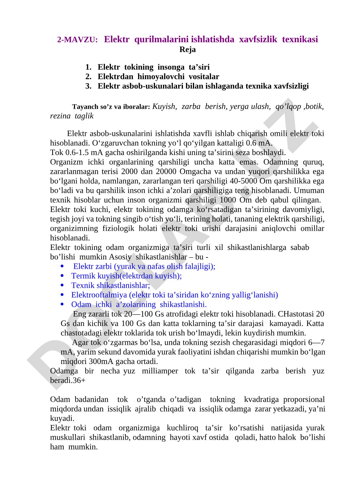 Elektr qurilmalarini ishlatishda xavfsizlik texnikasi