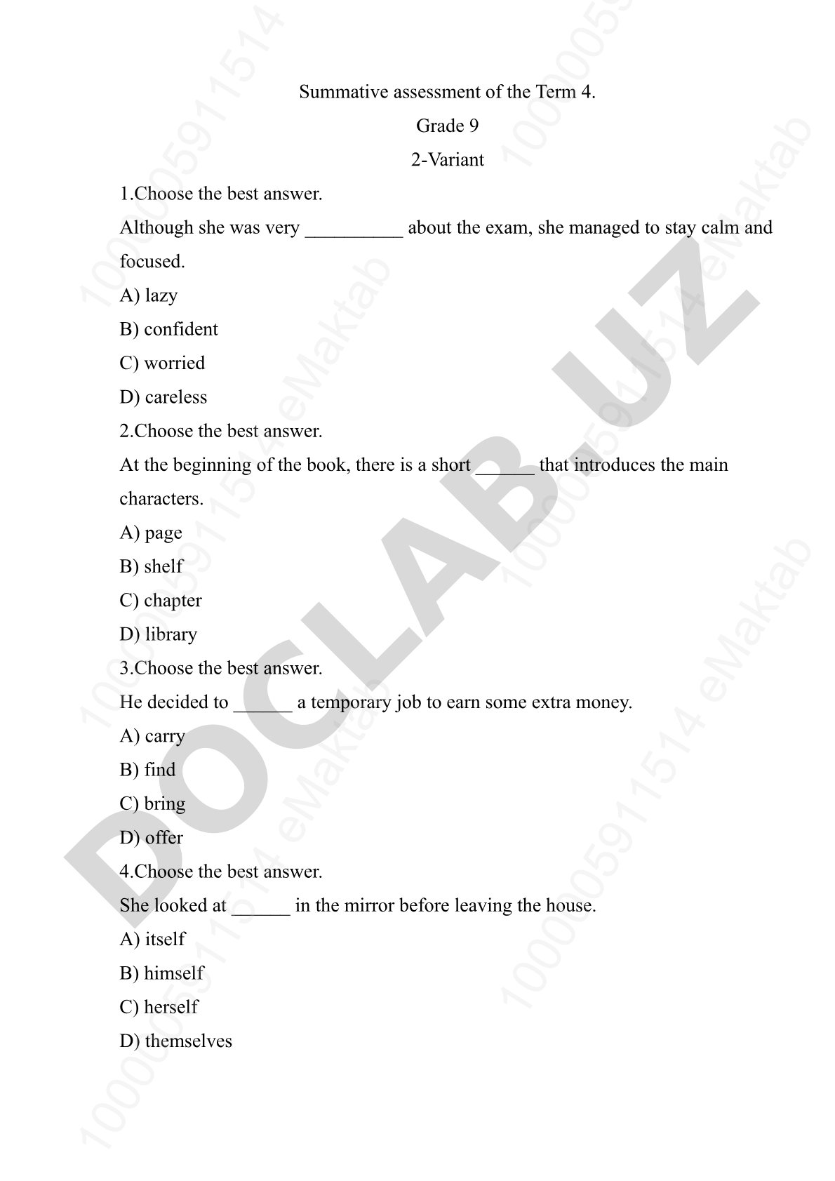 Grade 9 Term 4 English Summative Assessment
