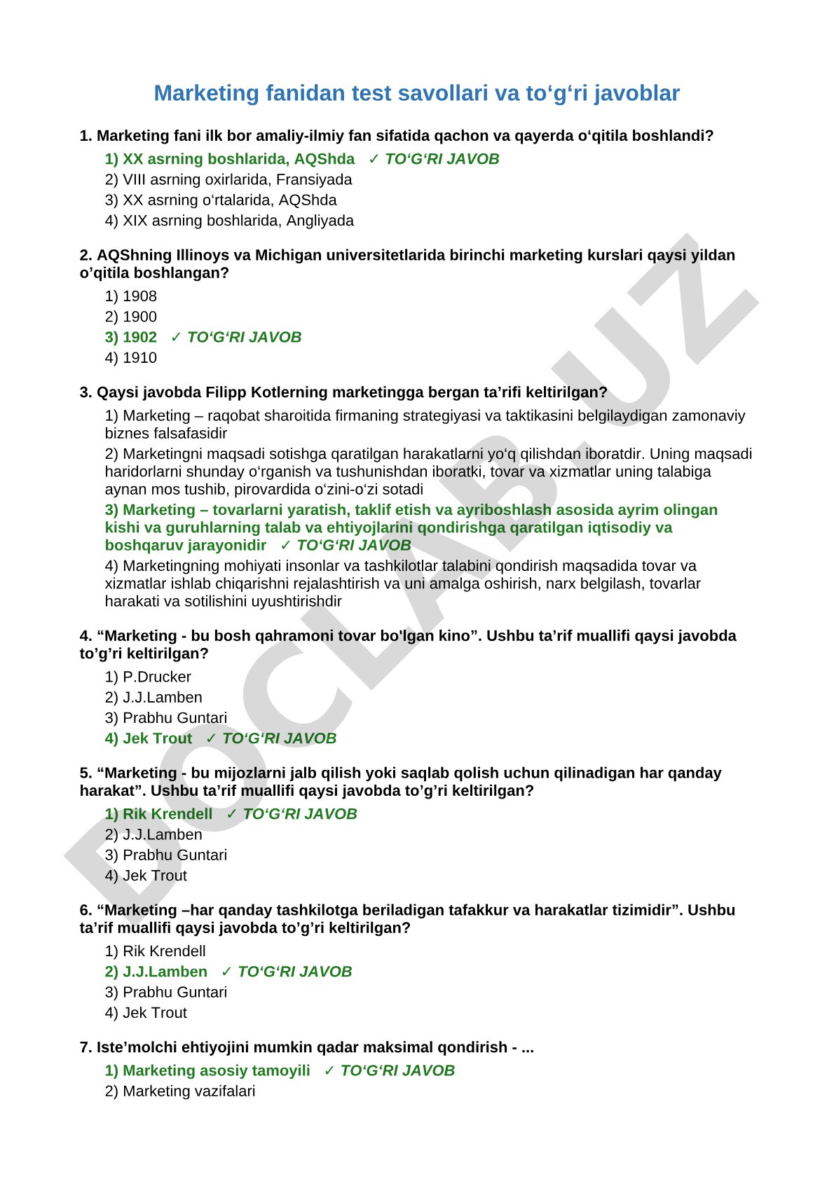 Marketing fanidan test savollari va to‘g‘ri javoblar