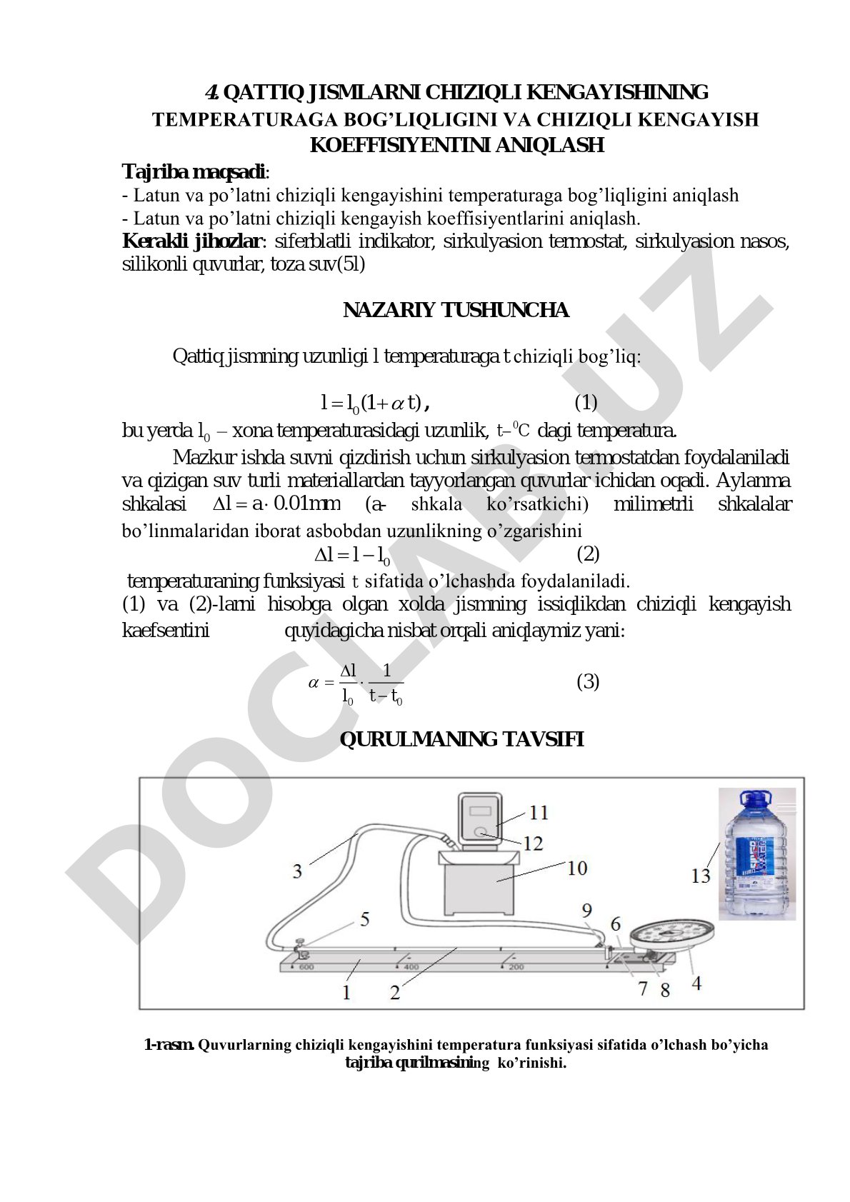 Qattiq jismlarni chiziqli kengayishining temperaturag bog'liqligini va chiziqli kengayish koeffisiyentini aniqlash