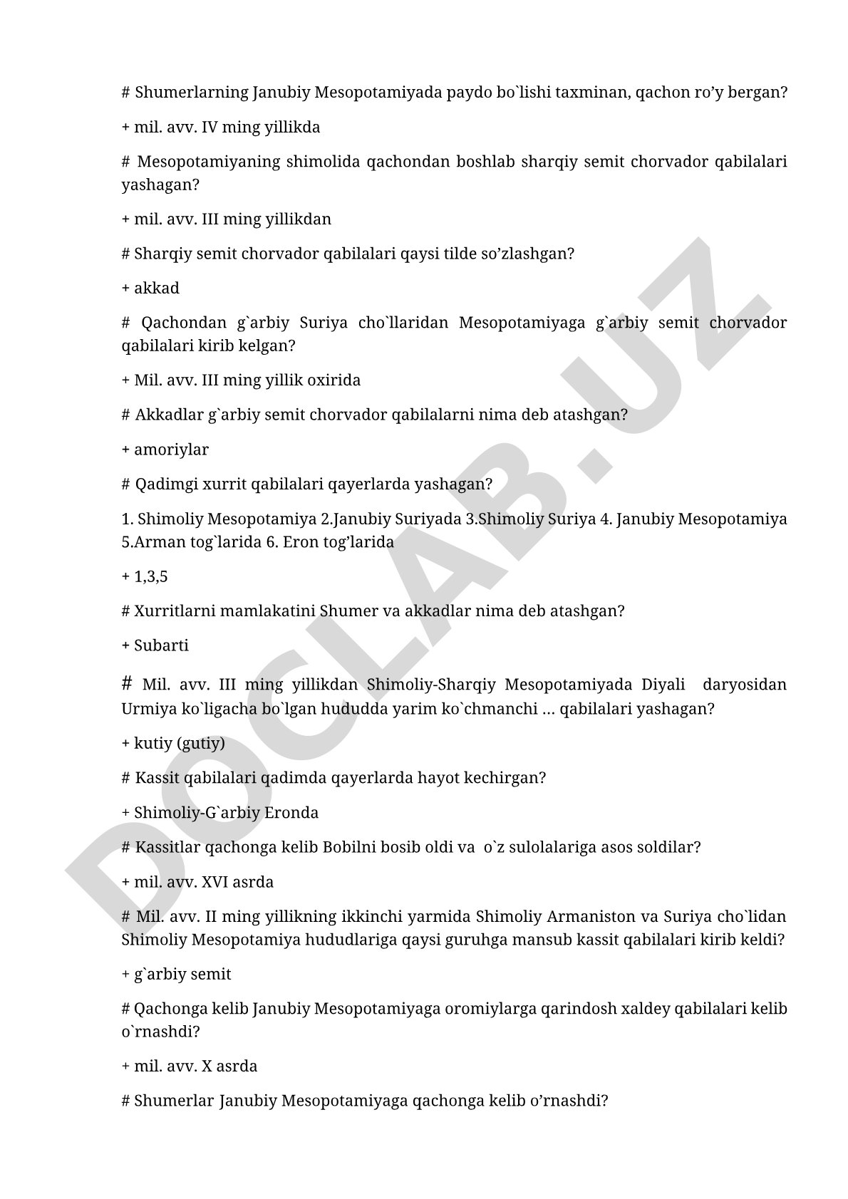 Qadimgi Mesopotamiya xalqlari tarixi bo'yicha savollar