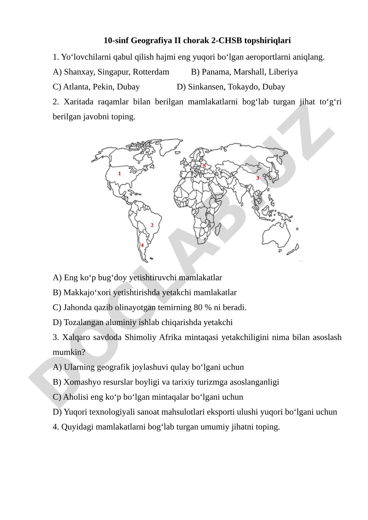 10-sinf Geografiya II chorak 2-CHSB topshiriqlari