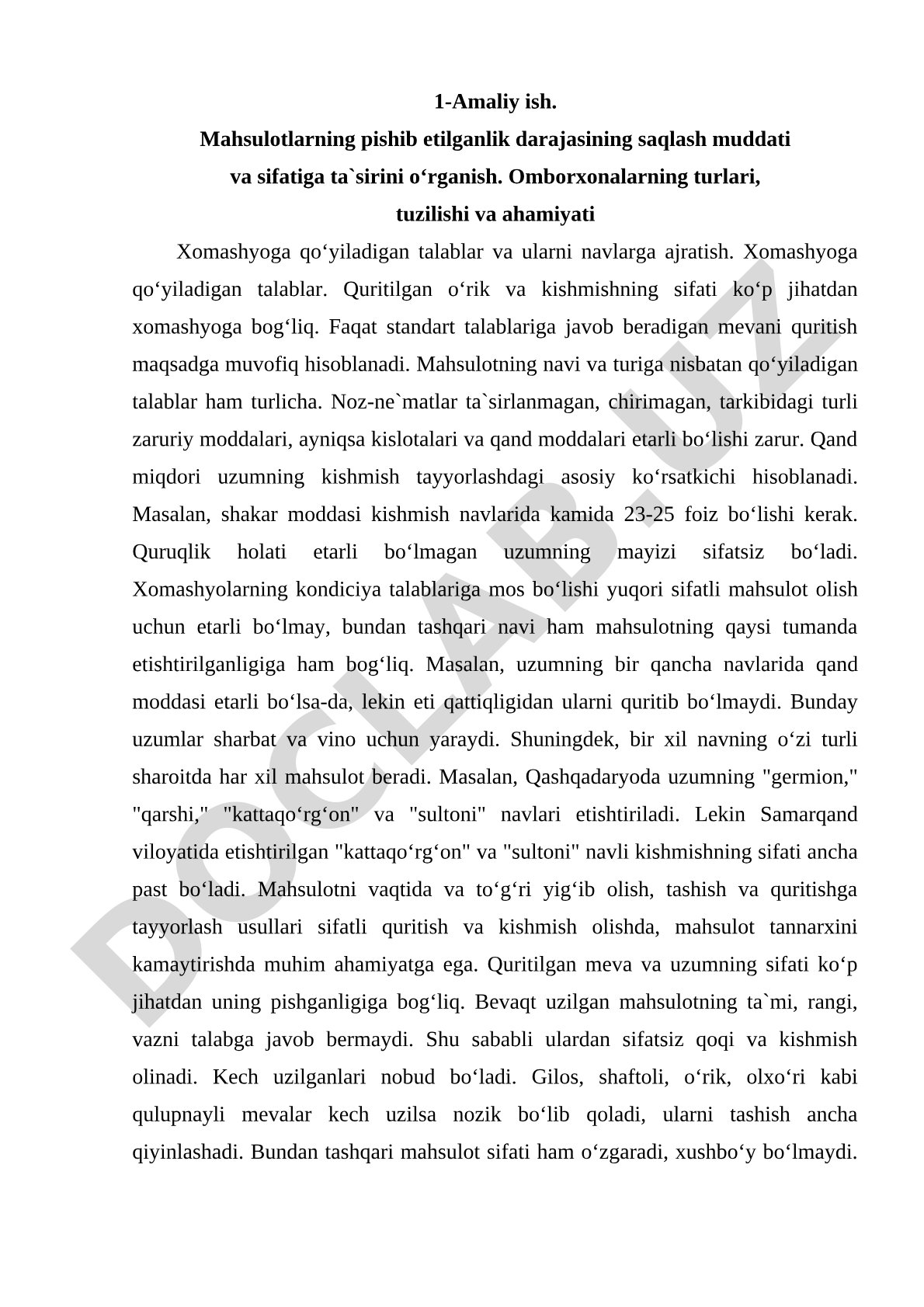 Mahsulotlarning pishib etilganlik darajasining saqlash muddati va sifatiga ta`sirini oʻrganish