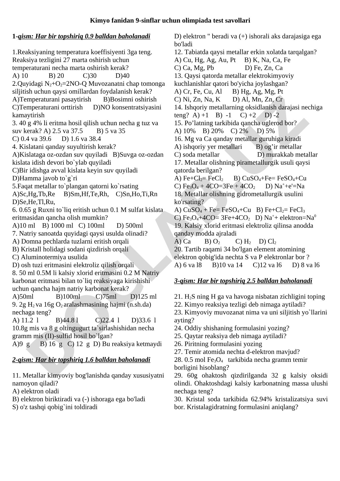 Kimyo fanidan 9-sinflar uchun olimpiada test savollari 1-qism