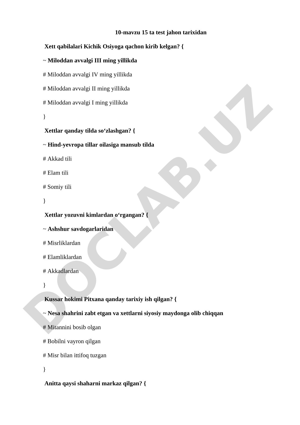 Xett qabilalari tarixidan test savollari