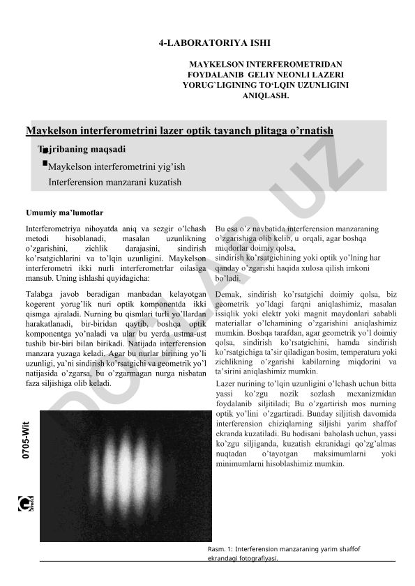Maykelson interferometridan foydalanib geliy neonli lazeri yorug'ligining to'lqin uzunligini aniqlash