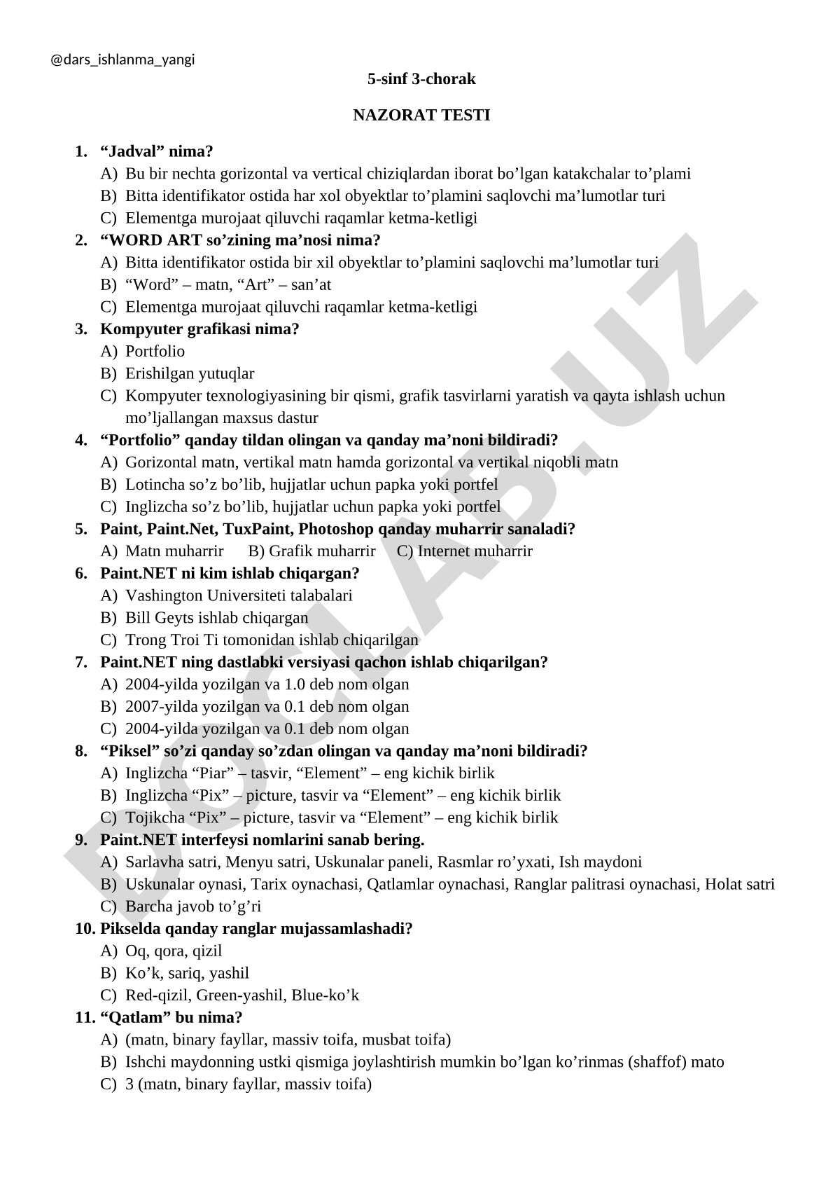 5-sinf 3-chorak Nazorat testi