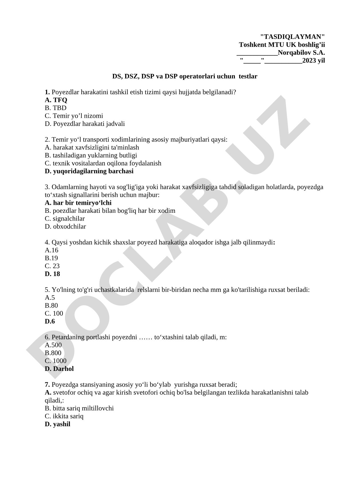 DS, DSZ, DSP va DSP operatorlari uchun testlar