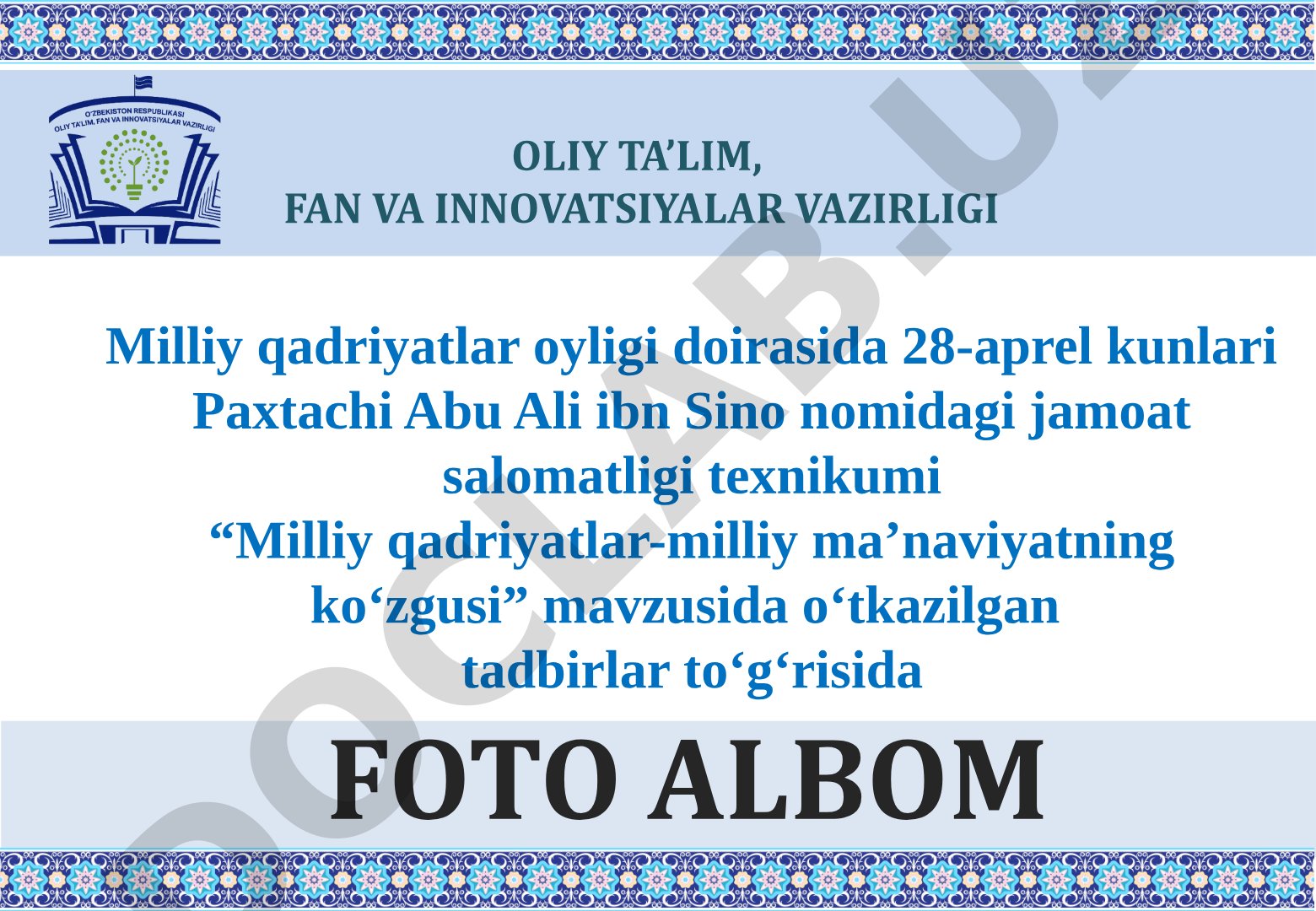 Milliy qadriyatlar-milliy ma’naviyatning ko‘zgusi mavzusidagi tadbirlar fotosuratlar albomi