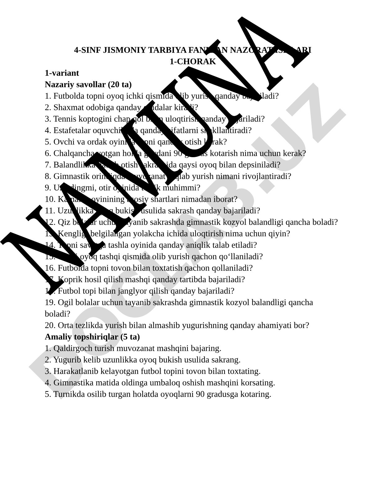 4-sinf jismoniy tarbiya fanidan nazorat ishlari 1-chorak