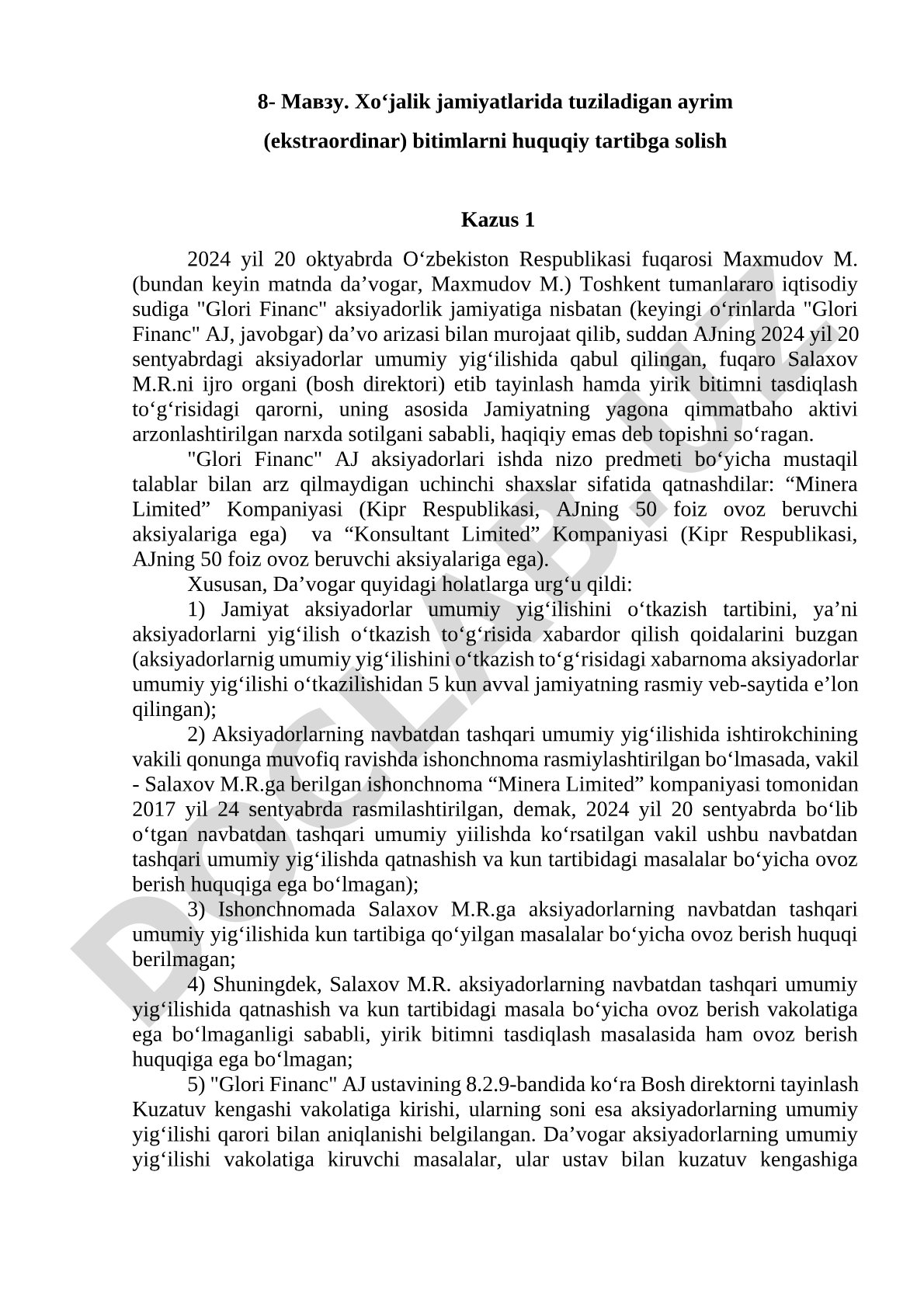Xo‘jalik jamiyatlarida tuziladigan ayrim (ekstraordinar) bitimlarni huquqiy tartibga solish