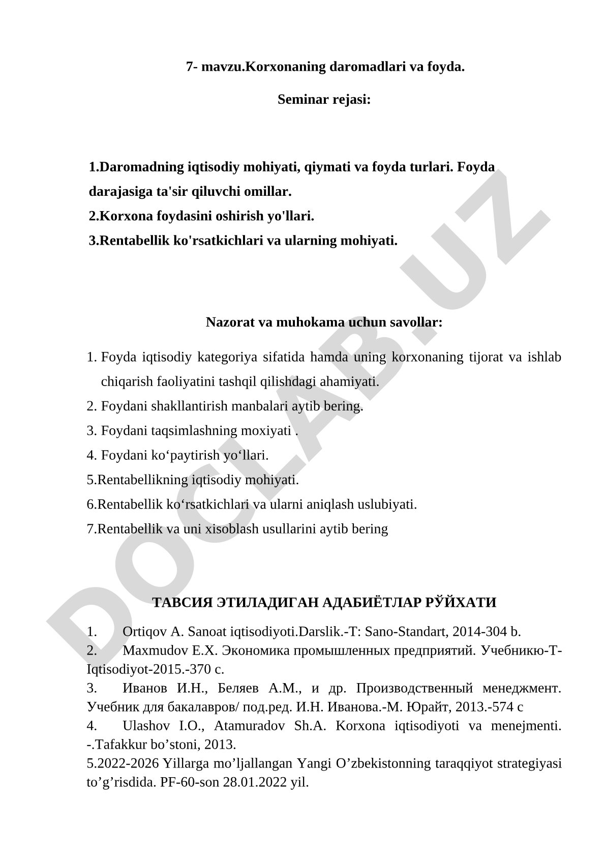 Korxonaning daromadlari va foyda