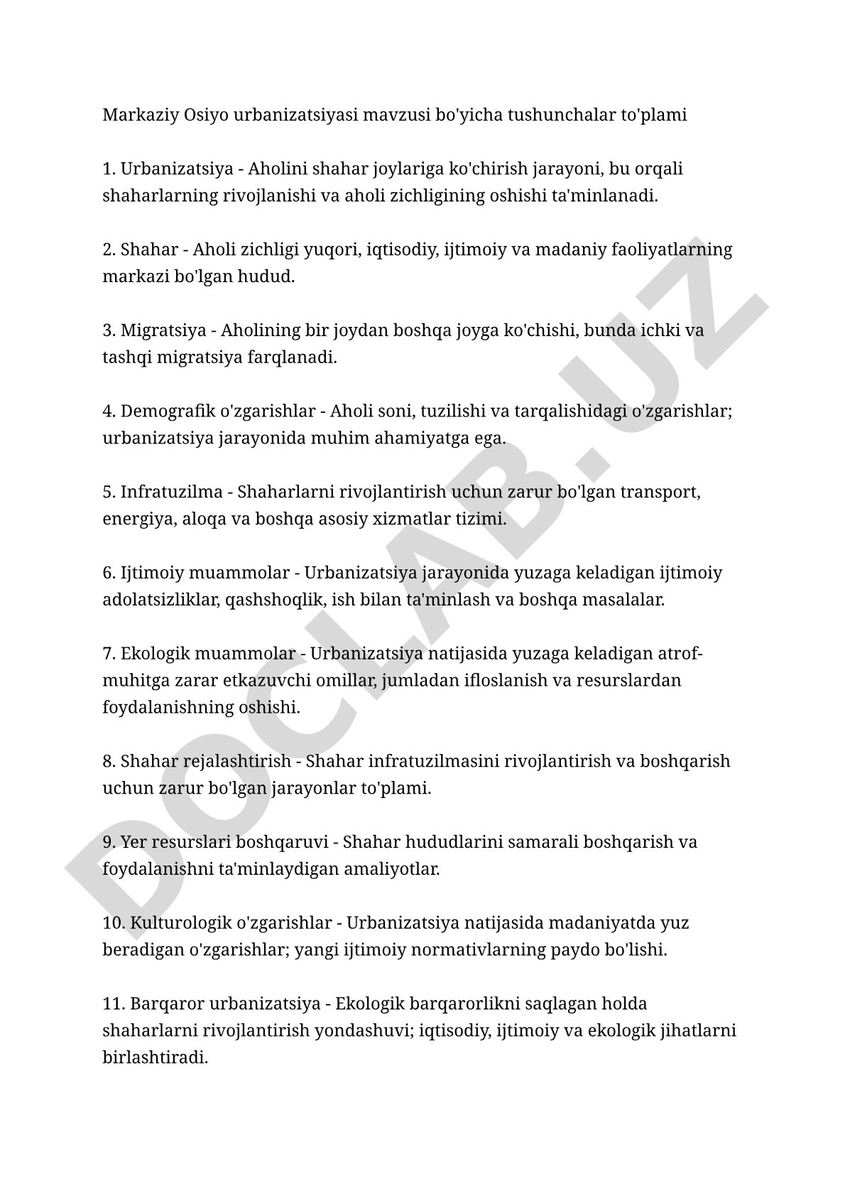 Markaziy Osiyo urbanizatsiyasi mavzusi bo'yicha tushunchalar to'plami