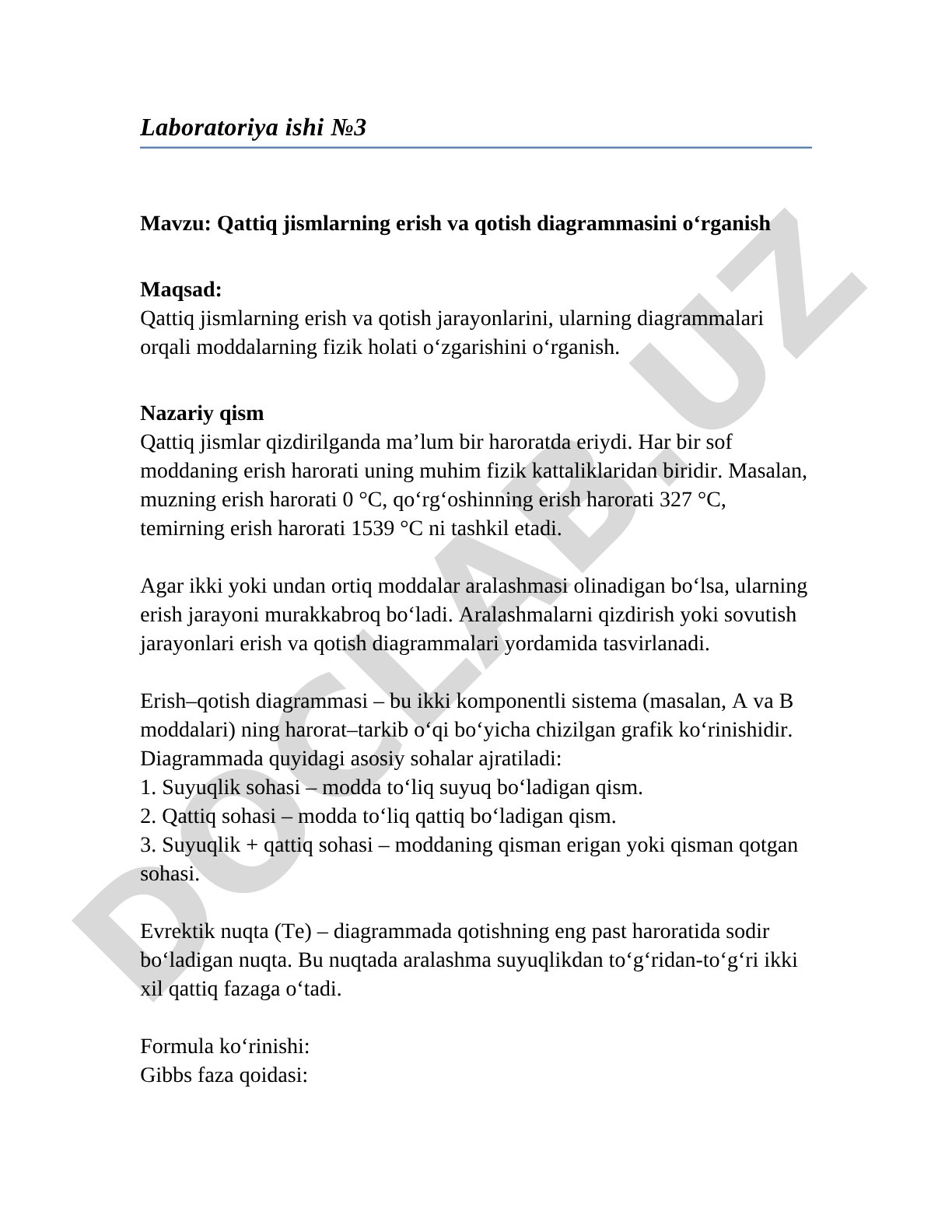 Qattiq jismlarning erish va qotish diagrammasini o'rganish