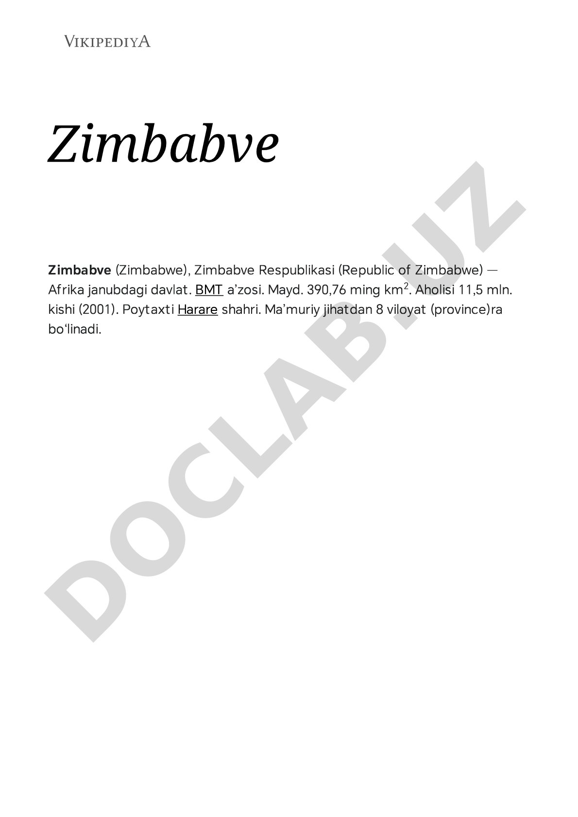 Zimbabve Respublikasi haqida umumiy ma'lumot