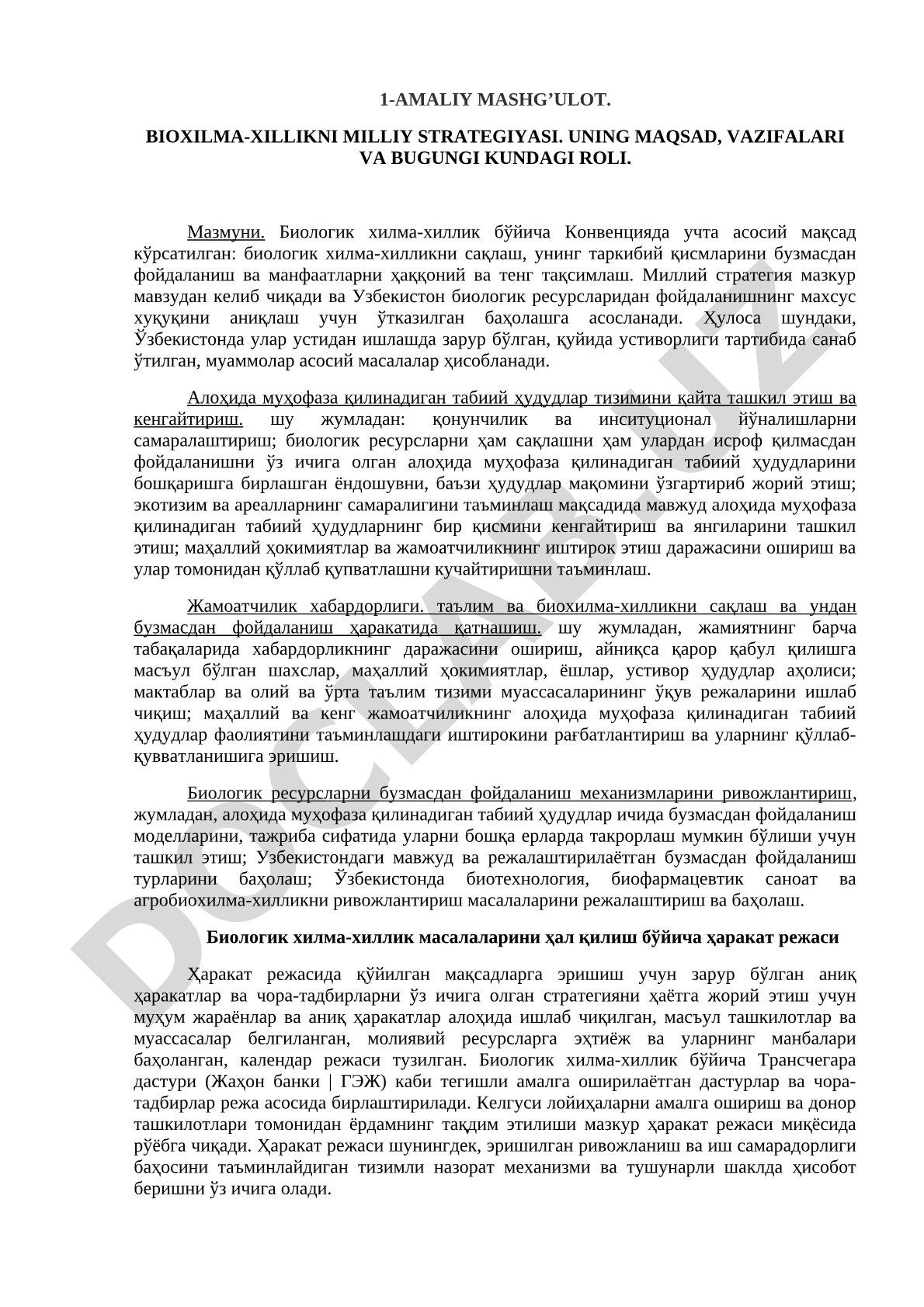 Bioxilma-xillikni milliy strategiyasi. Uning maqsad, vazifalari va bugungi kundagi roli.