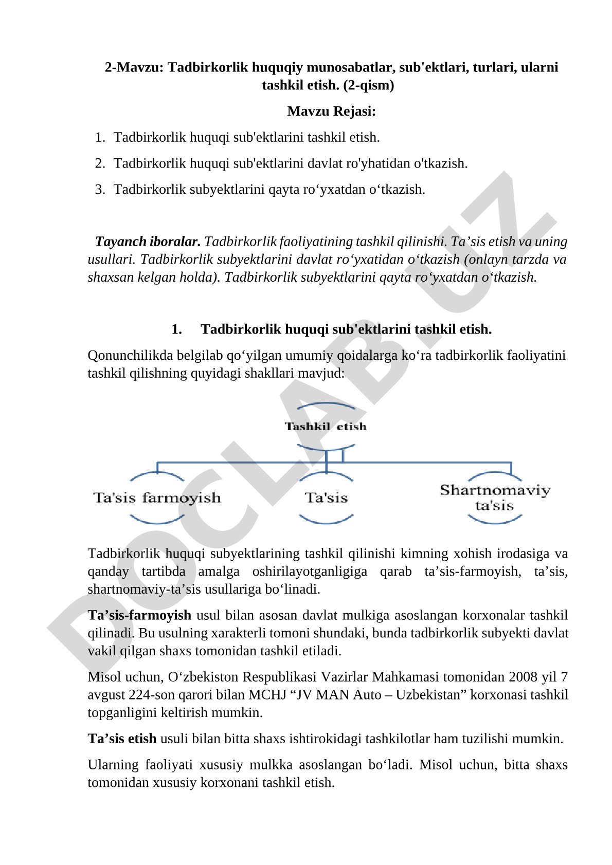 Tadbirkorlik huquqiy munosabatlar, sub'ektlari, turlari, ularni tashkil etish. (2-qism)