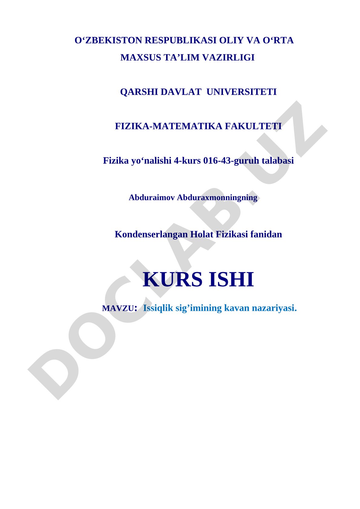 Issiqlik sig’imining kavan nazariyasi