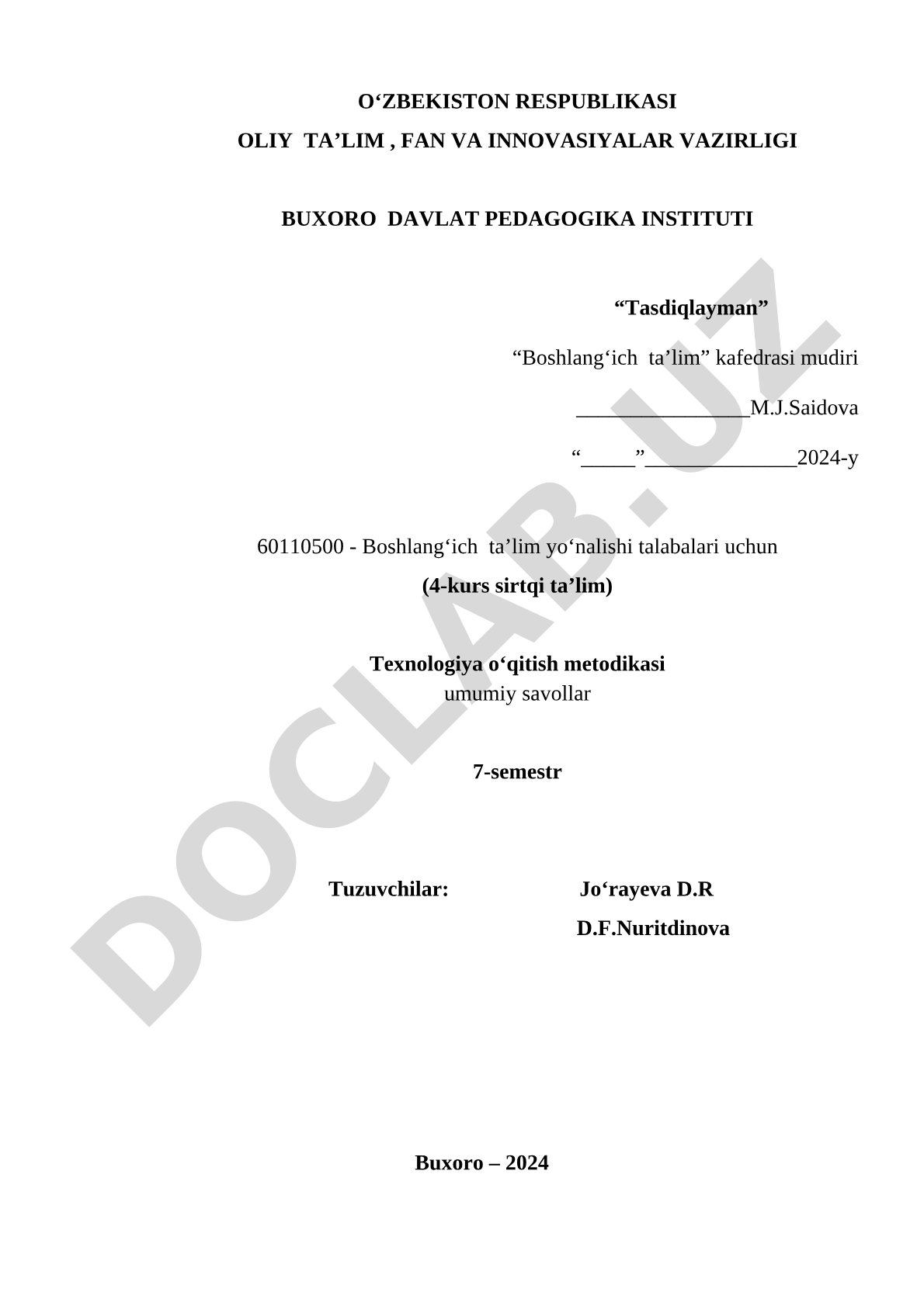 Texnologiya o‘qitish metodikasi fanidan umumiy savollar