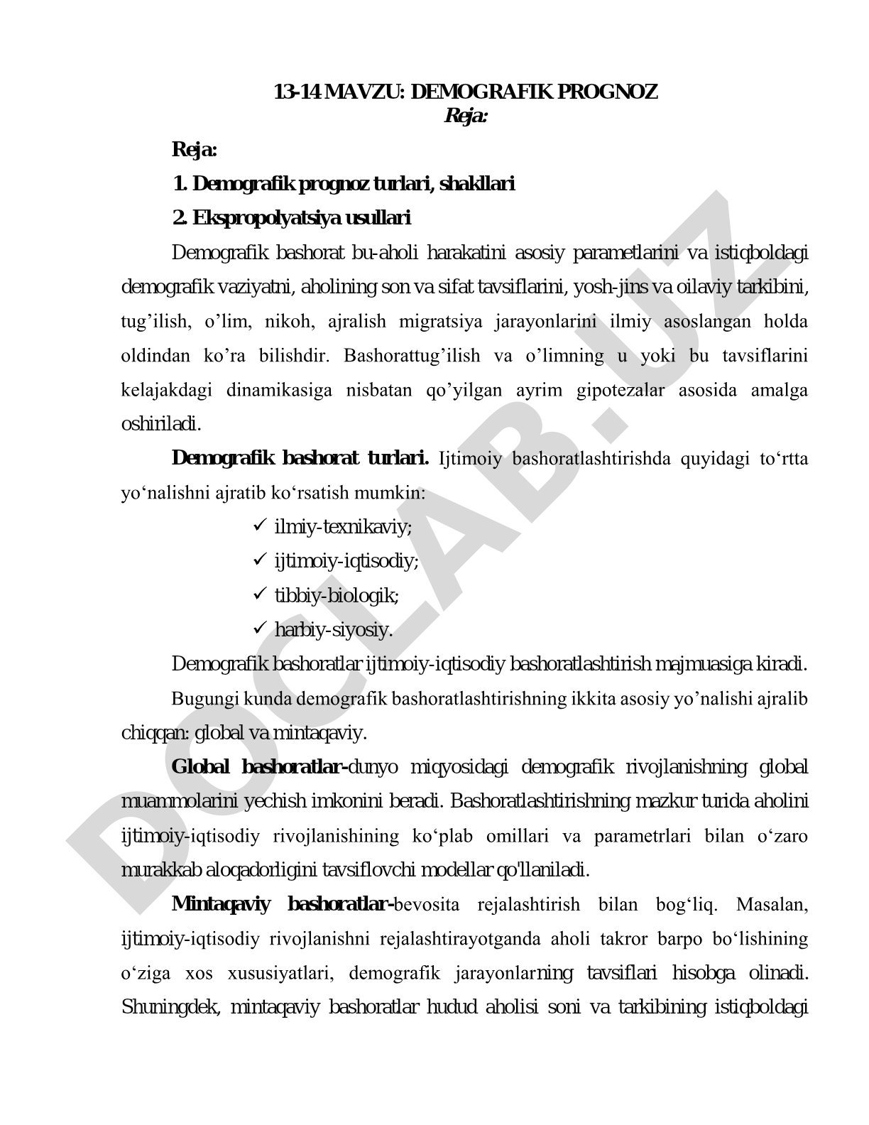 Demografik prognoz turlari va ekspropolyatsiya usullari